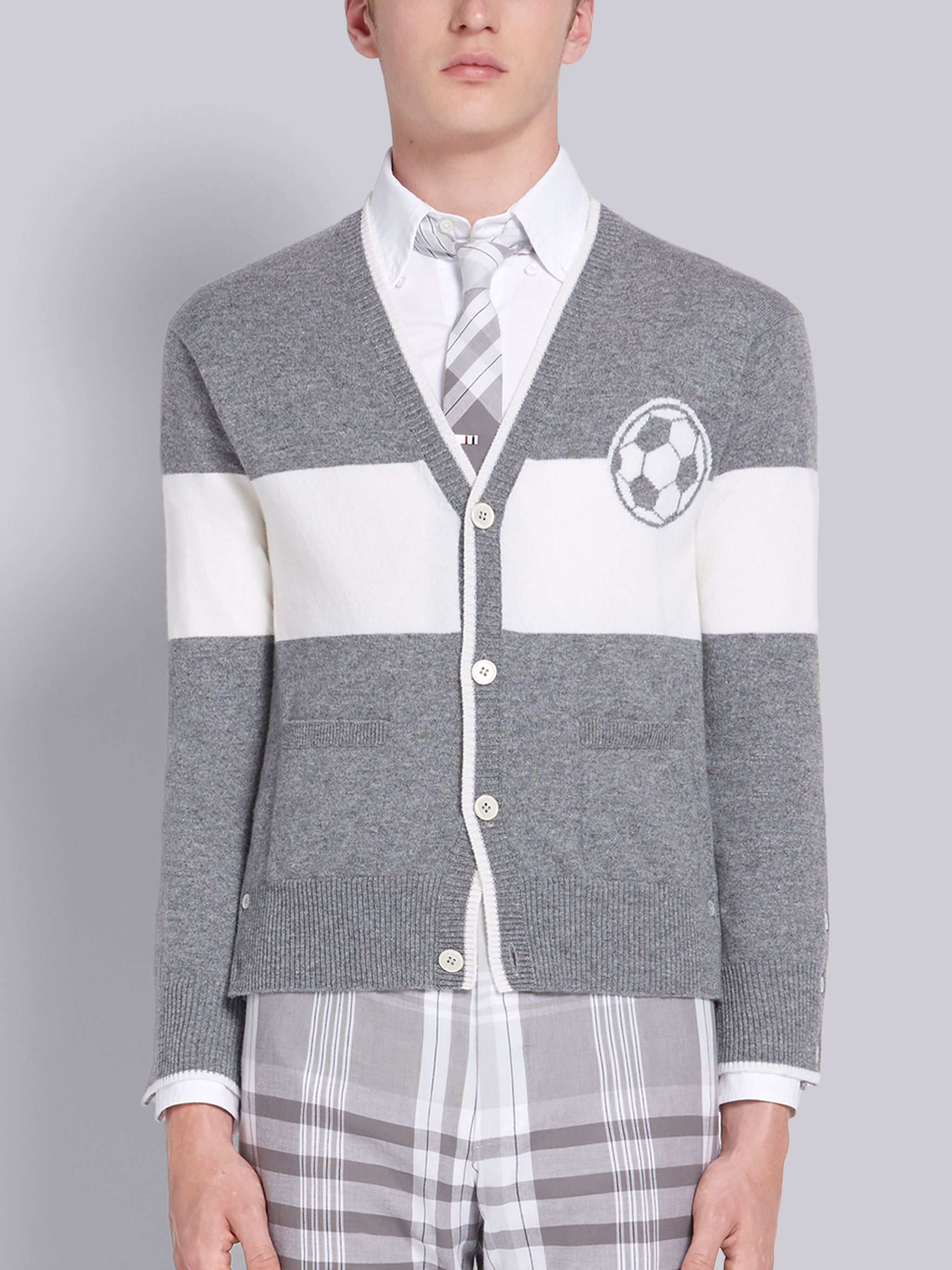 Light Grey Cashmere Striped Soccer Ball Icon V-Neck Cardigan - 1