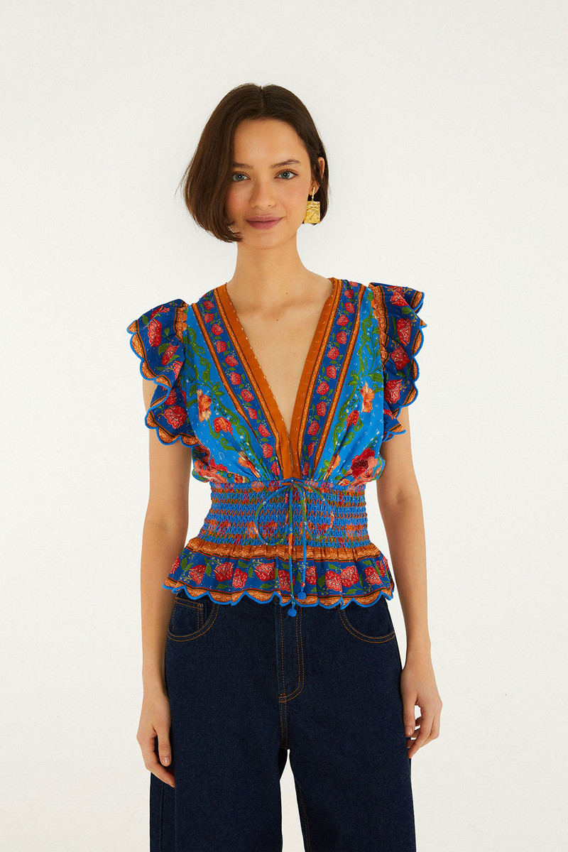 Bright Blue Rococo Flowers Blouse 1