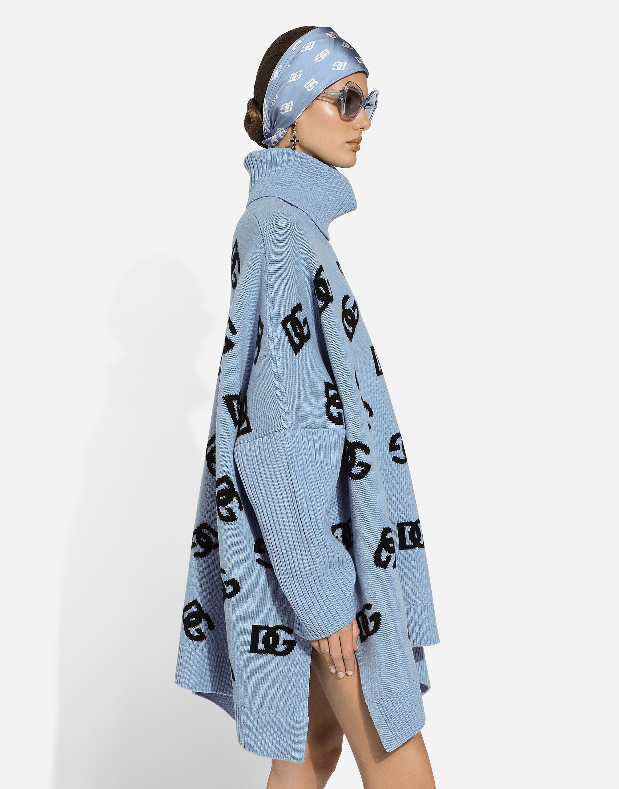 Wool turtle-neck poncho with DG logo inlay - 4