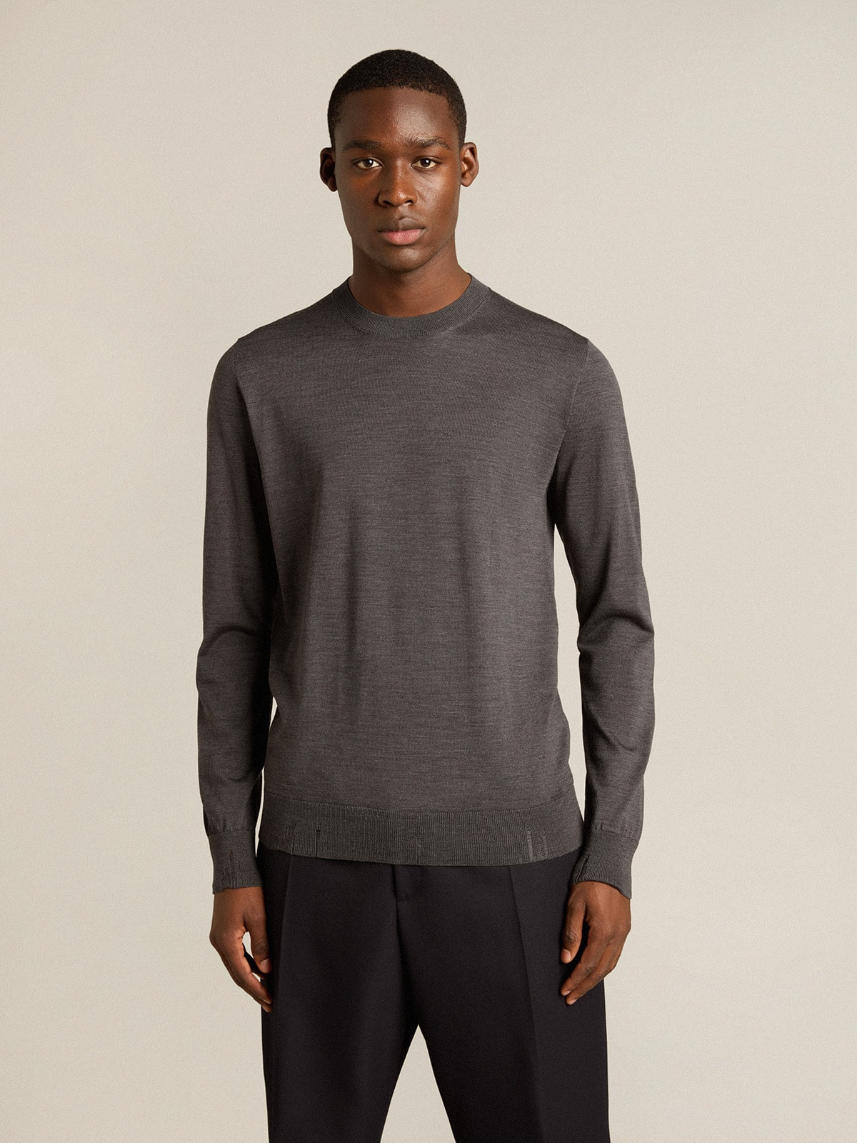 Men's round-neck sweater in dark gray mélange wool - 2