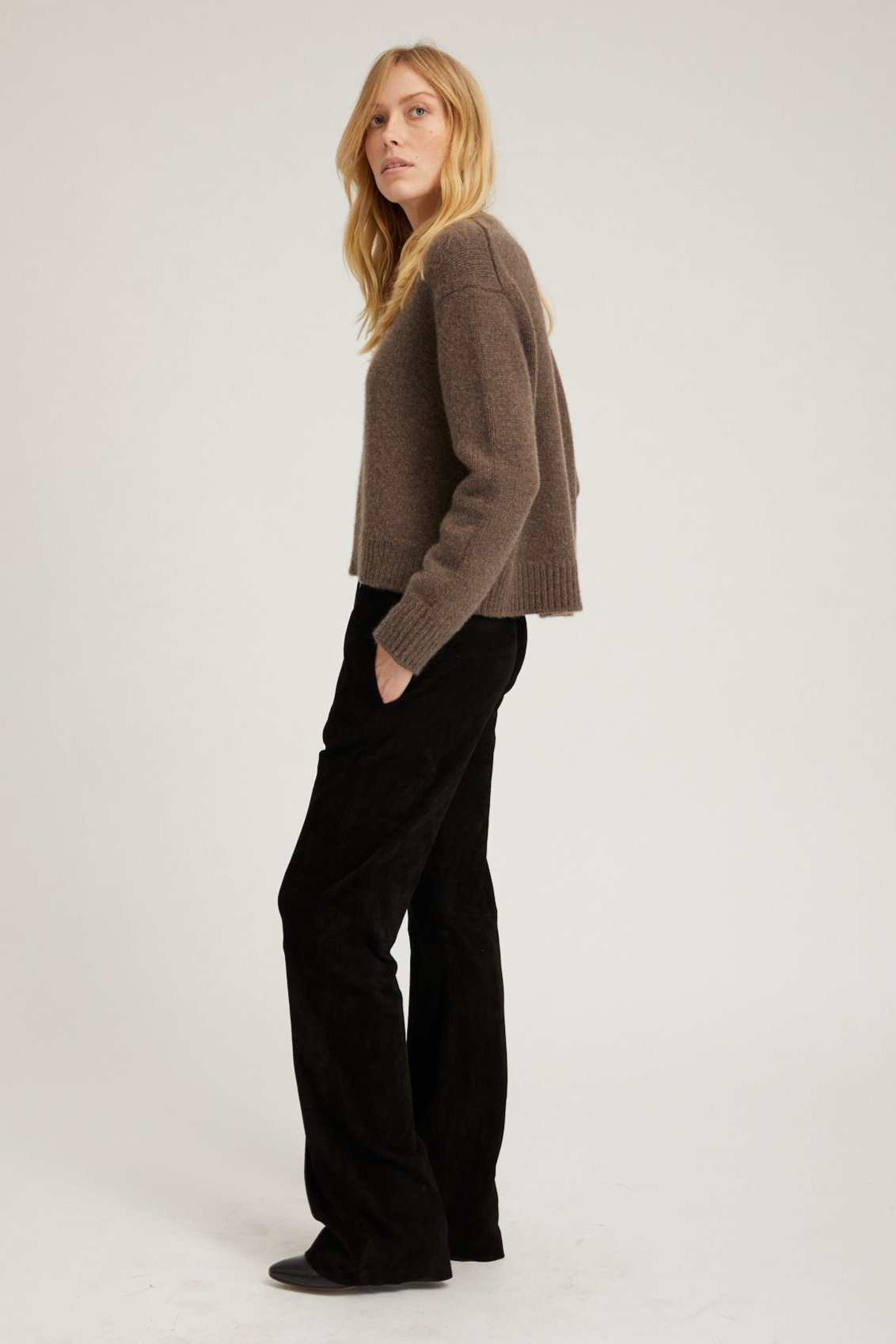 BLACK SUEDE STRAIGHT LEG PANTS - 2
