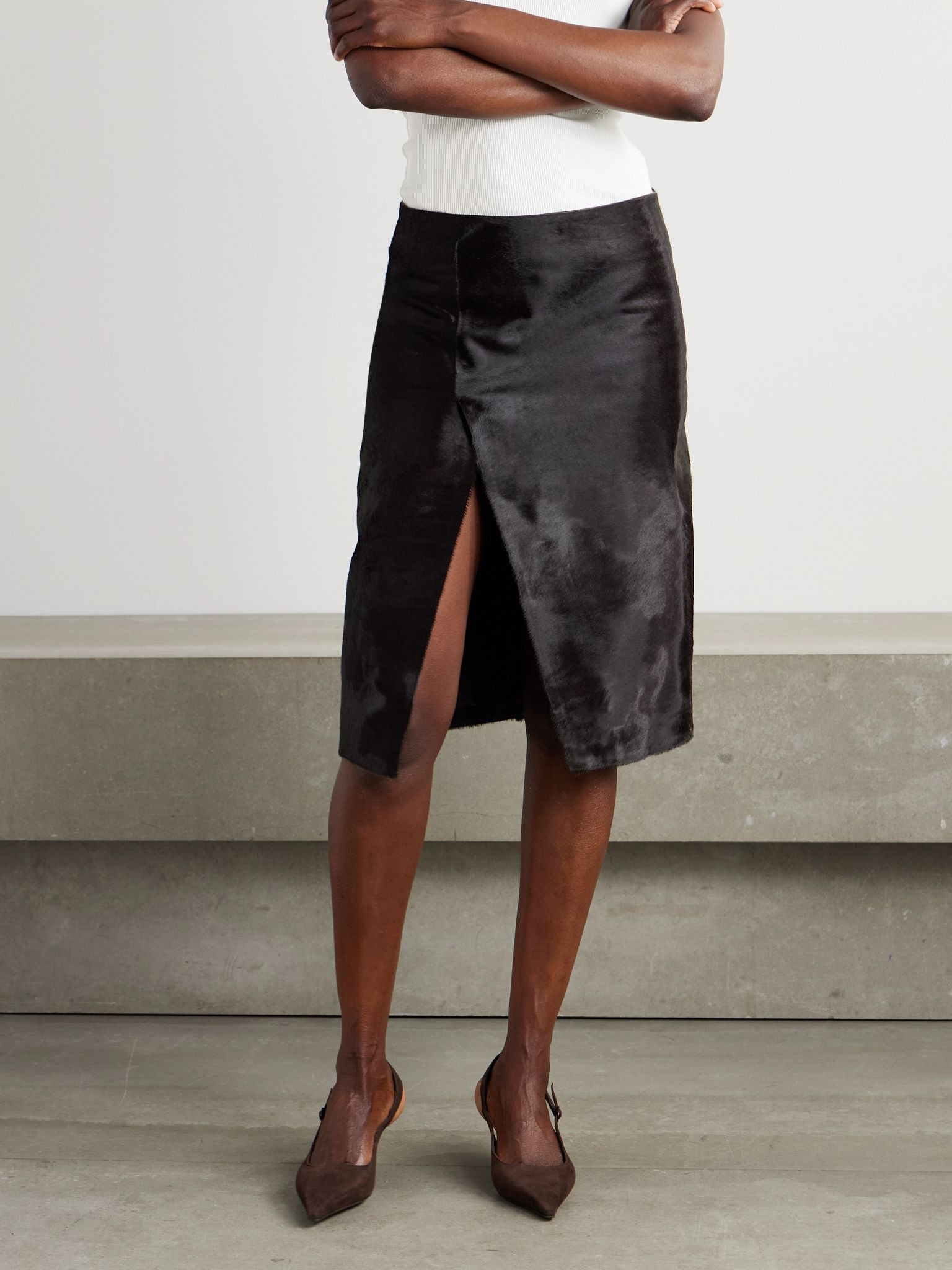Myra wrap-effect calf hair midi skirt Dark brown - 3