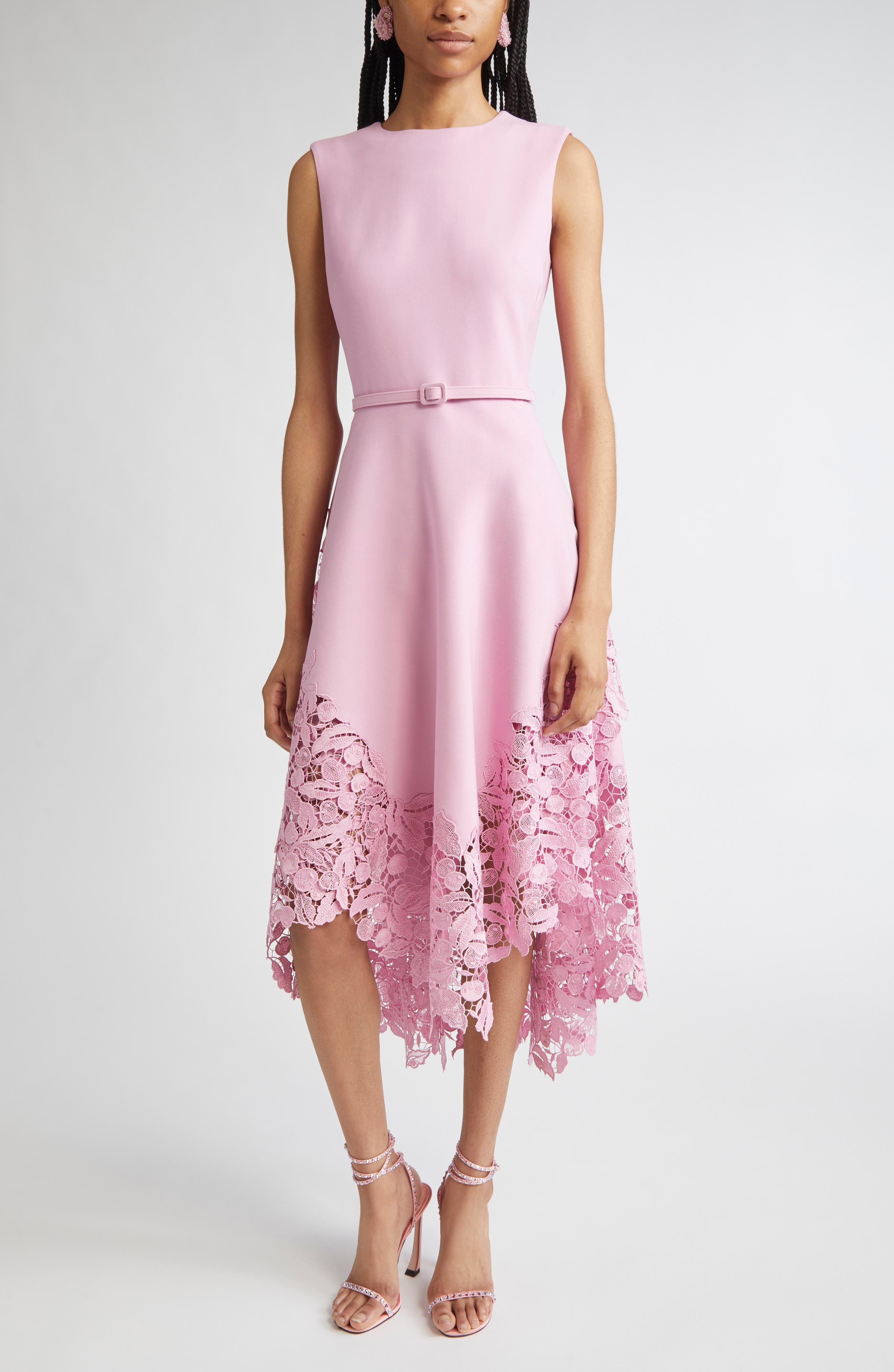 Oscar de la Renta Cherry Blossom Guipure Lace Trim Belted Midi Dress in Lily at Nordstrom - 1