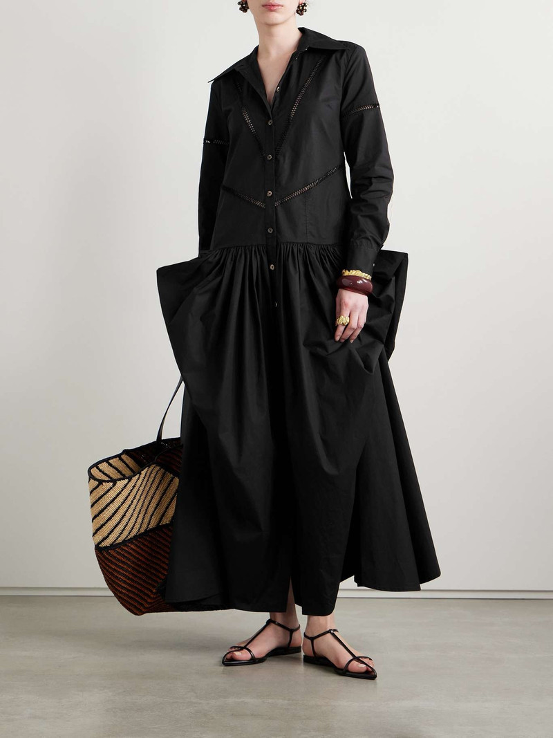 diotima Ritual crochet-trimmed gathered cotton-poplin midi shirt dress Black outlook