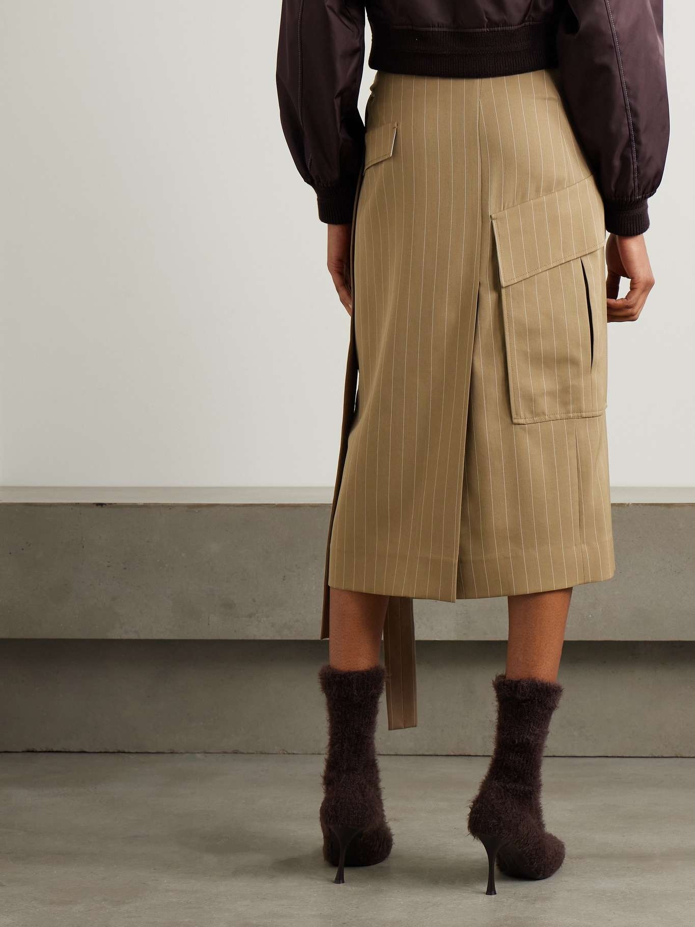 Tie-detailed pinstriped wool-twill midi wrap skirt Sand - 3