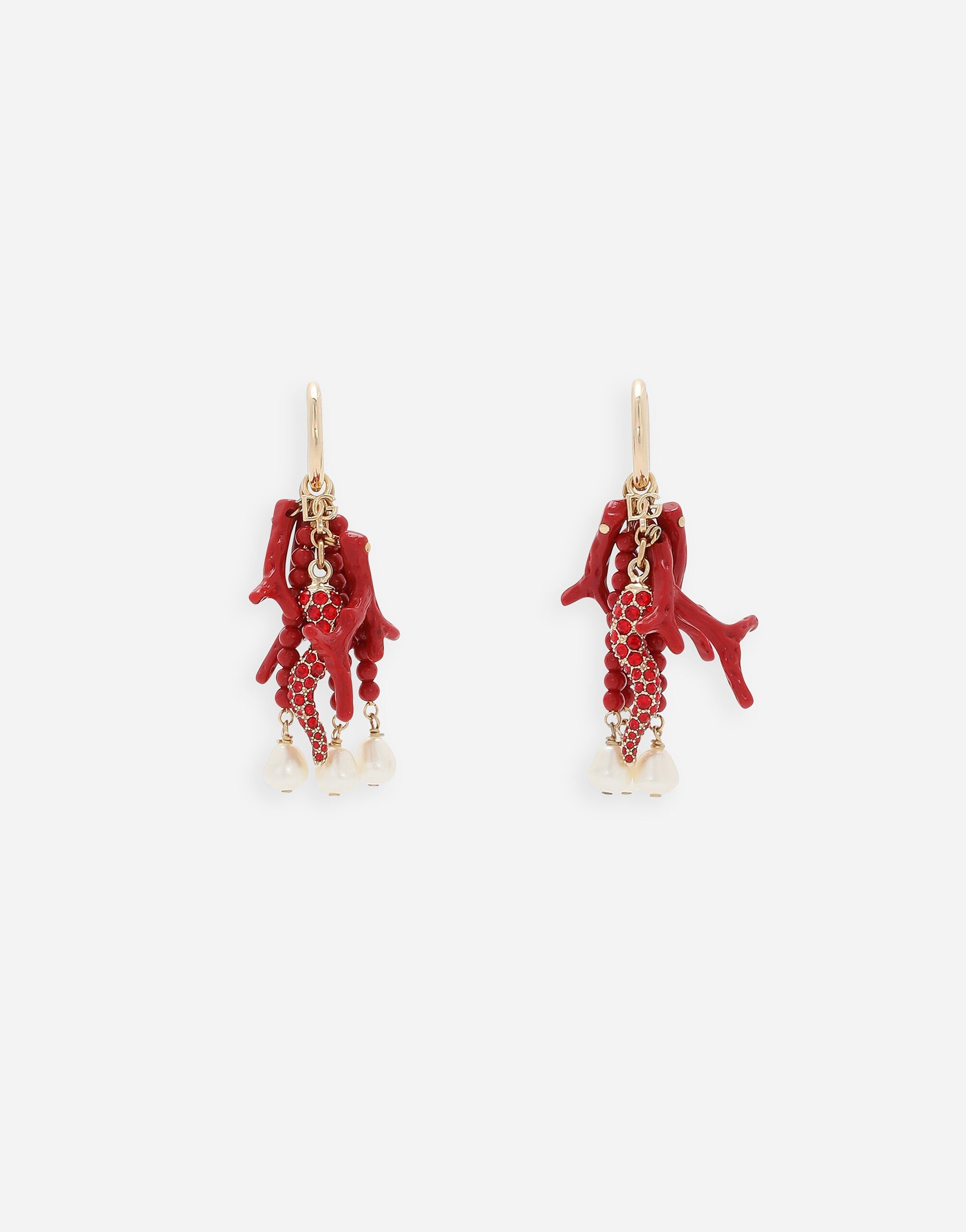 Creole earrings with horn, coral branches and pearls - 1