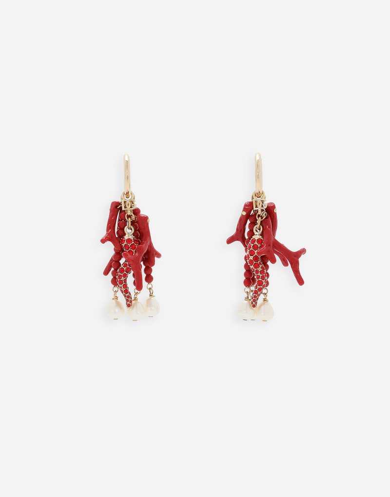 Creole earrings with horn, coral branches and pearls 1
