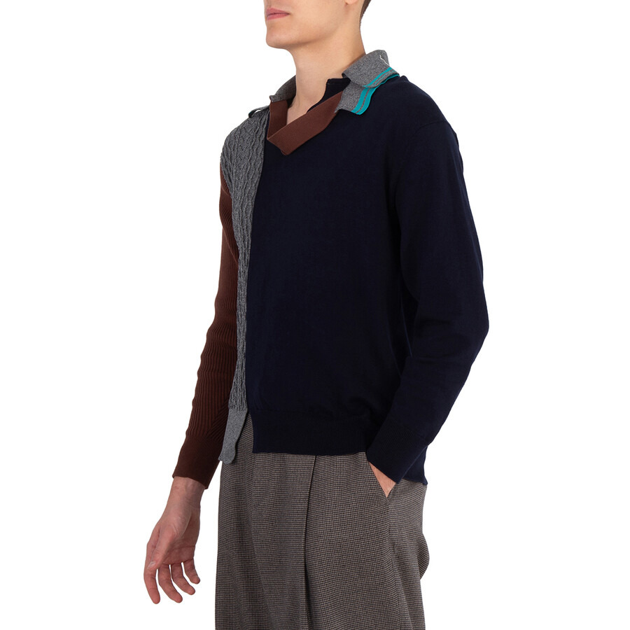 Kolor Men's Navy Patchwork Panelled-Knit Jumper - 3