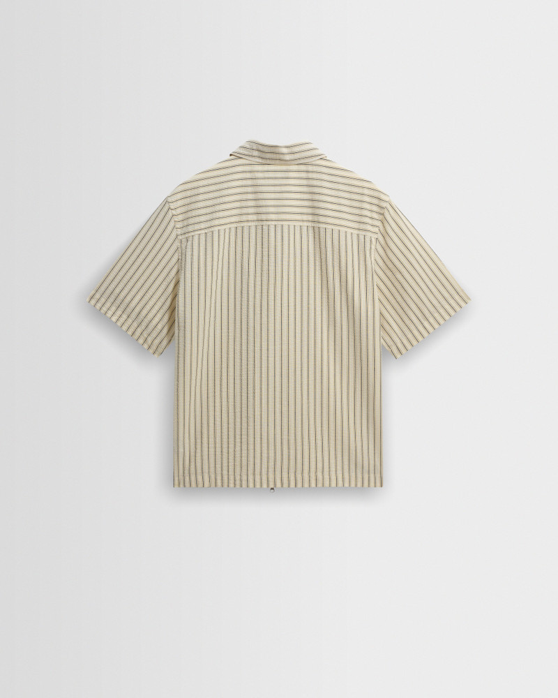 Sears - Natural And Navy Stripe Seersucker Zip Short-Sleeve Shirt 8