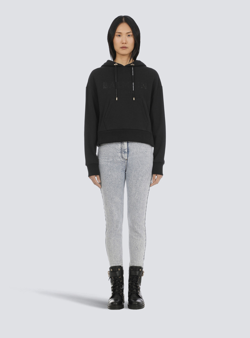 Cropped eco-designed cotton sweatshirt with rhinestone Balmain logo 4