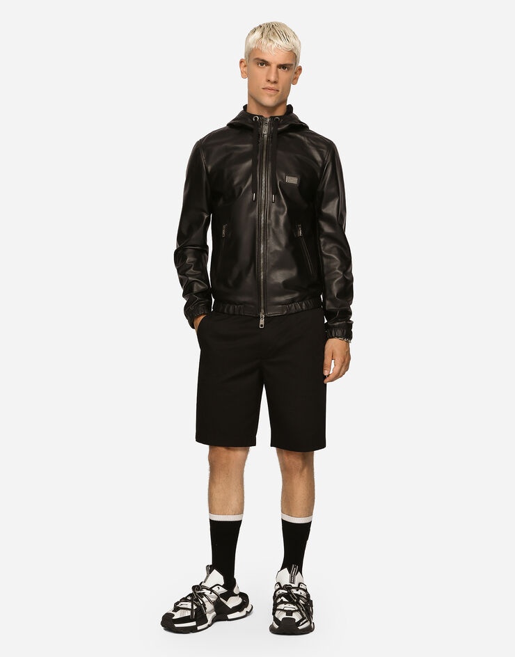 Leather jacket with hood and branded tag - 4