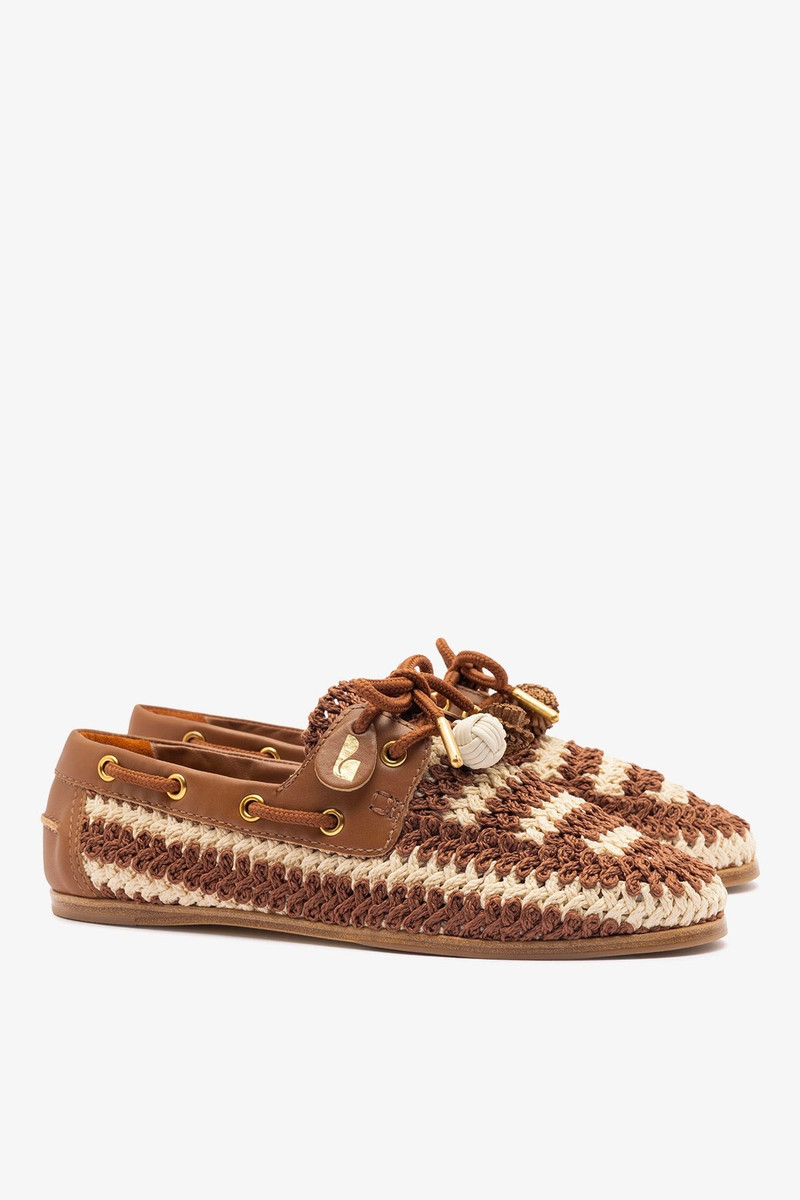 Cyprus Crochet Boat Shoe In Caramel and Ivory Crochet and Caramel Leather 3