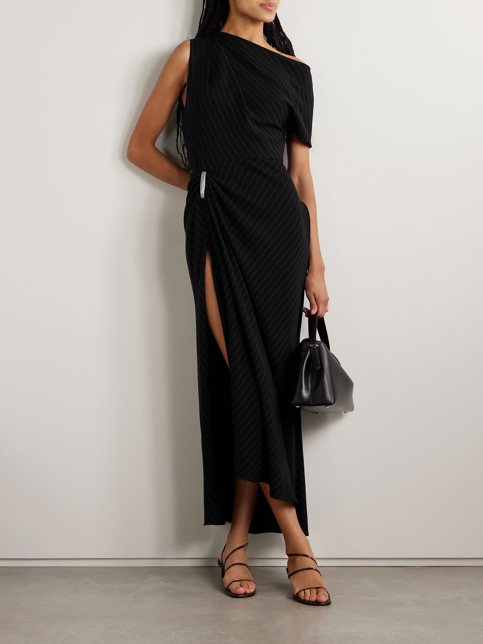 The Lowery one-sleeve asymmetric embellished pinstriped twill dress Black - 2