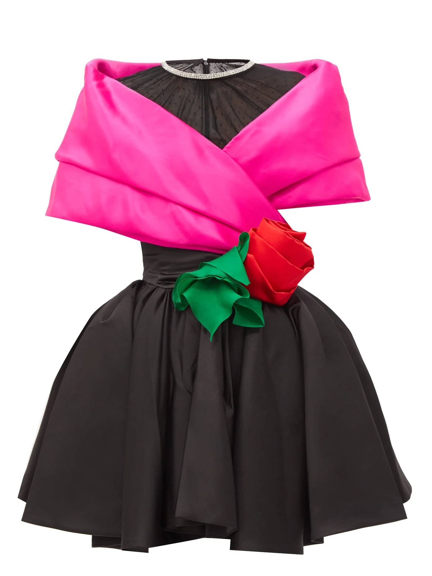 Crystal and mesh rose-trim pleat-front satin dress - 1