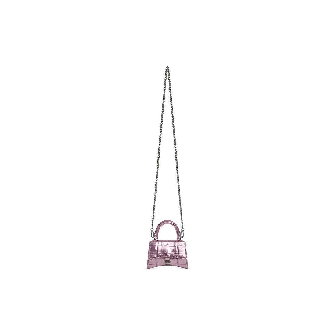 Women's Hourglass Mini Handbag With Chain Metallized Crocodile Embossed in Pink - 6