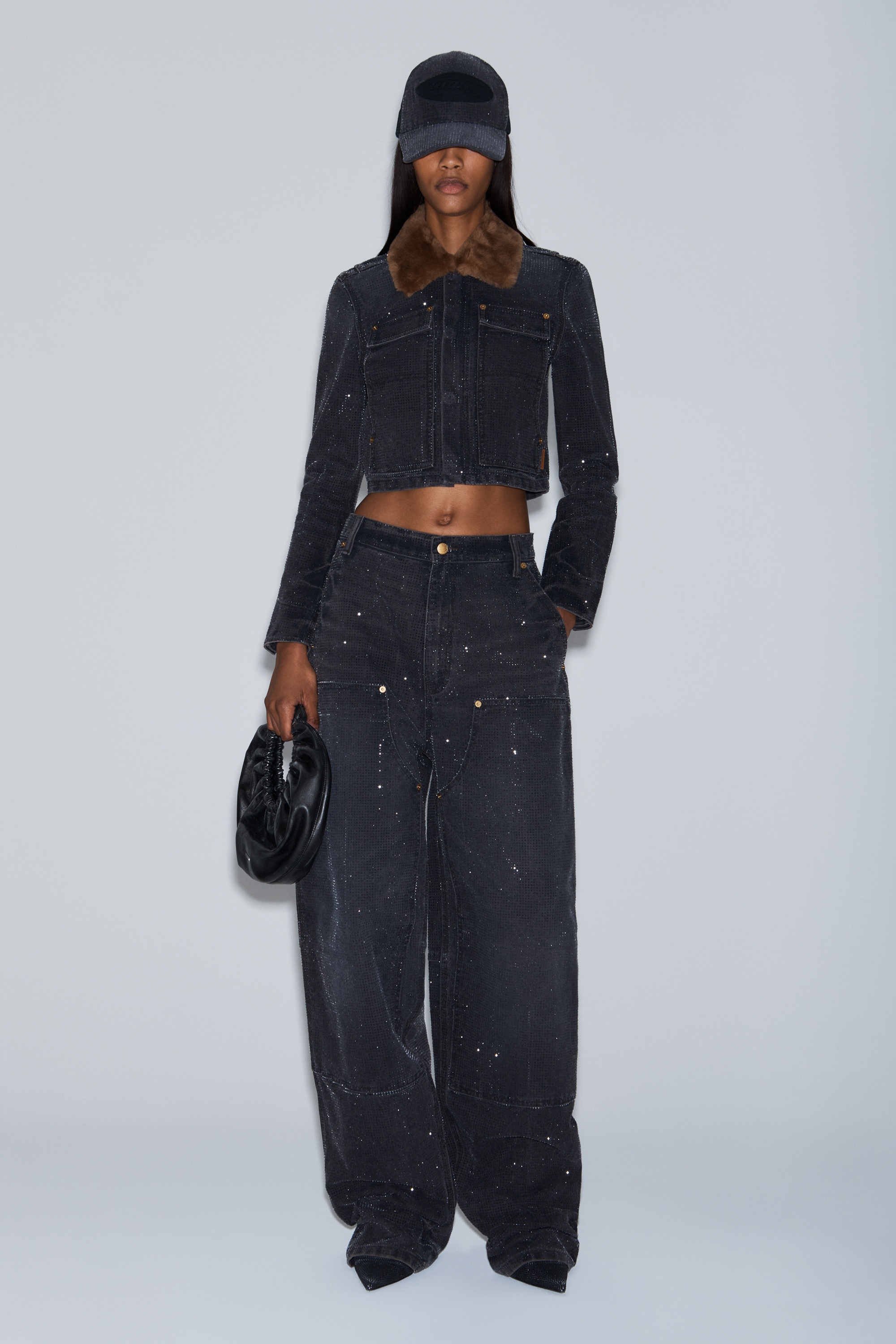 crystal hotfix shrunken workwear jacket in cotton - 3