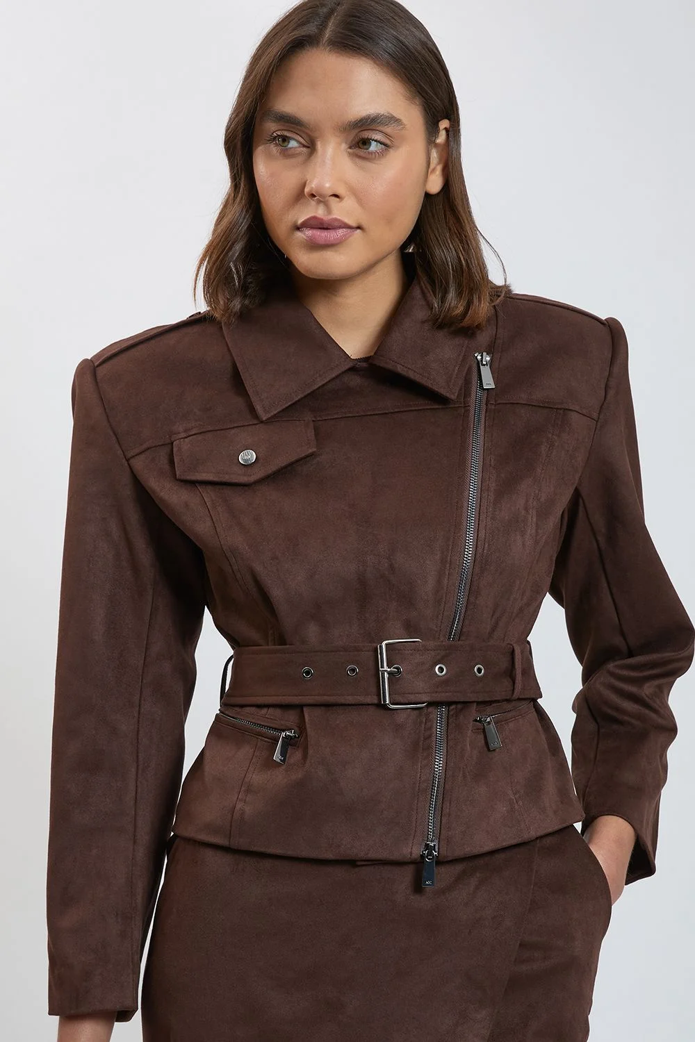 Faux Leather Collared Tie Up Jacket - 1