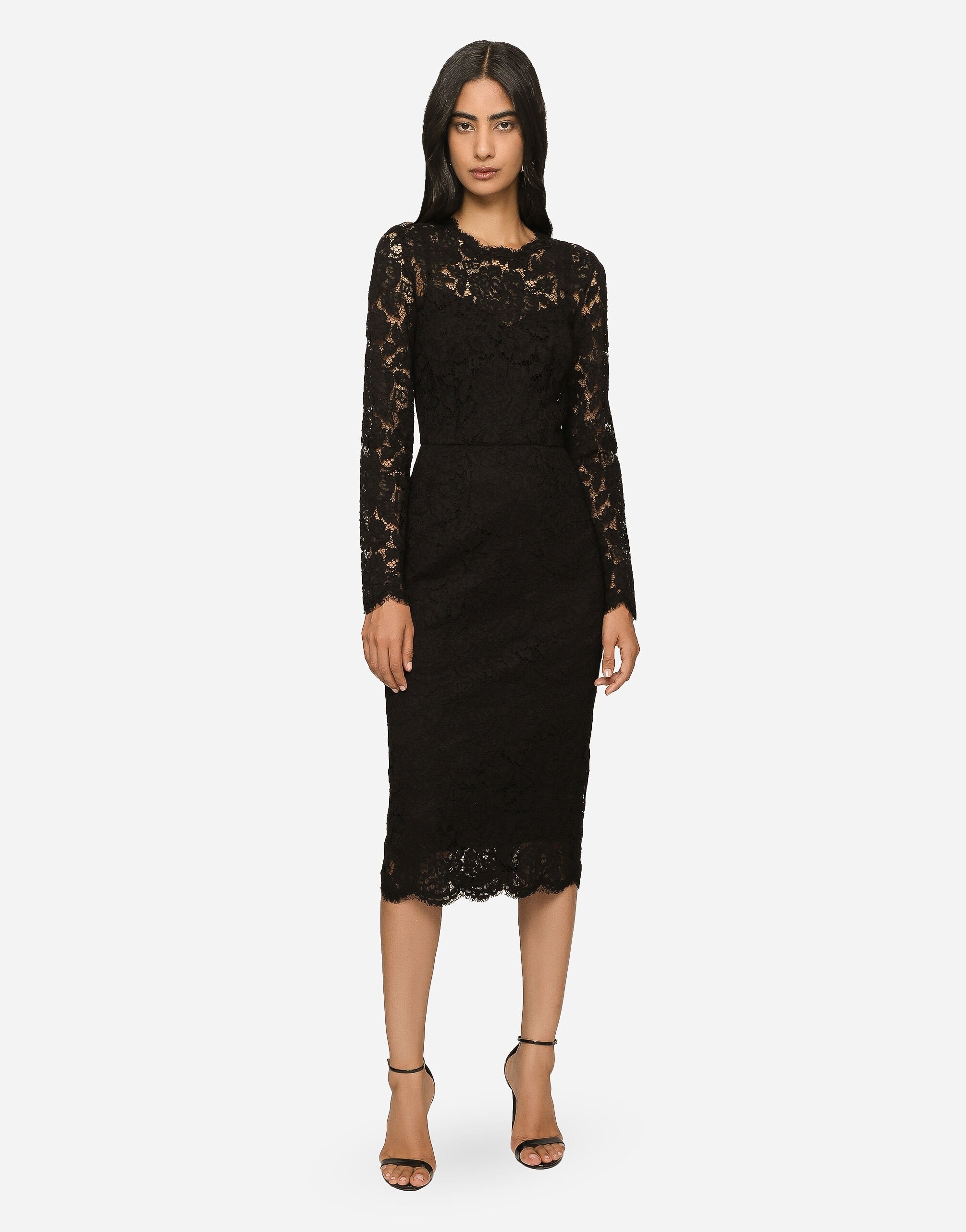 Long-sleeved calf-length dress in branded stretch lace - 2