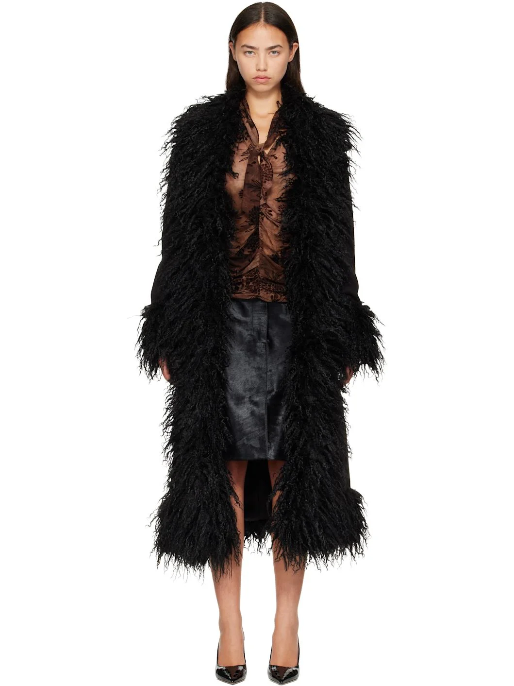 Black Belted Faux-Suede Coat - 1