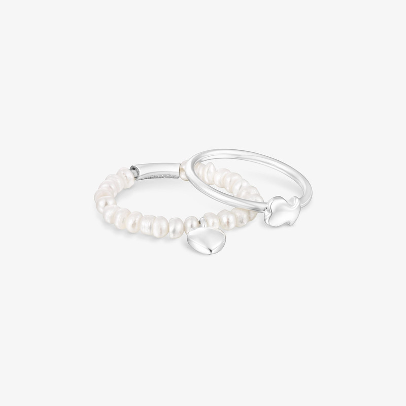 TOUS Silver and cultured pearls Mini Icons heart and bear Ring set outlook