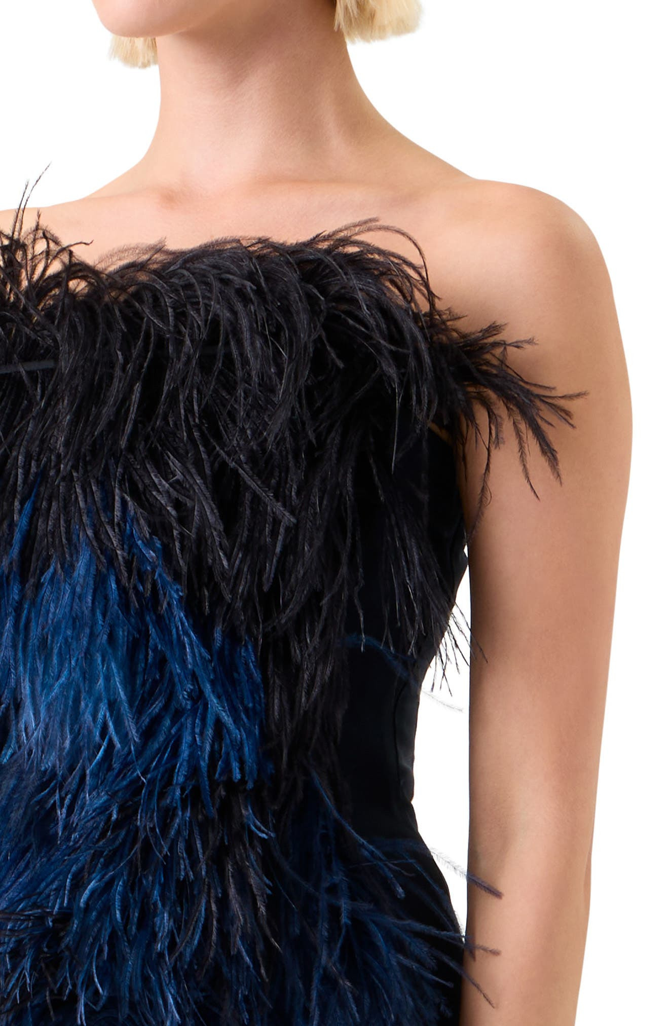 Akris Corsage Strapless Feather Front Silk Gown in Navy at Nordstrom - 3