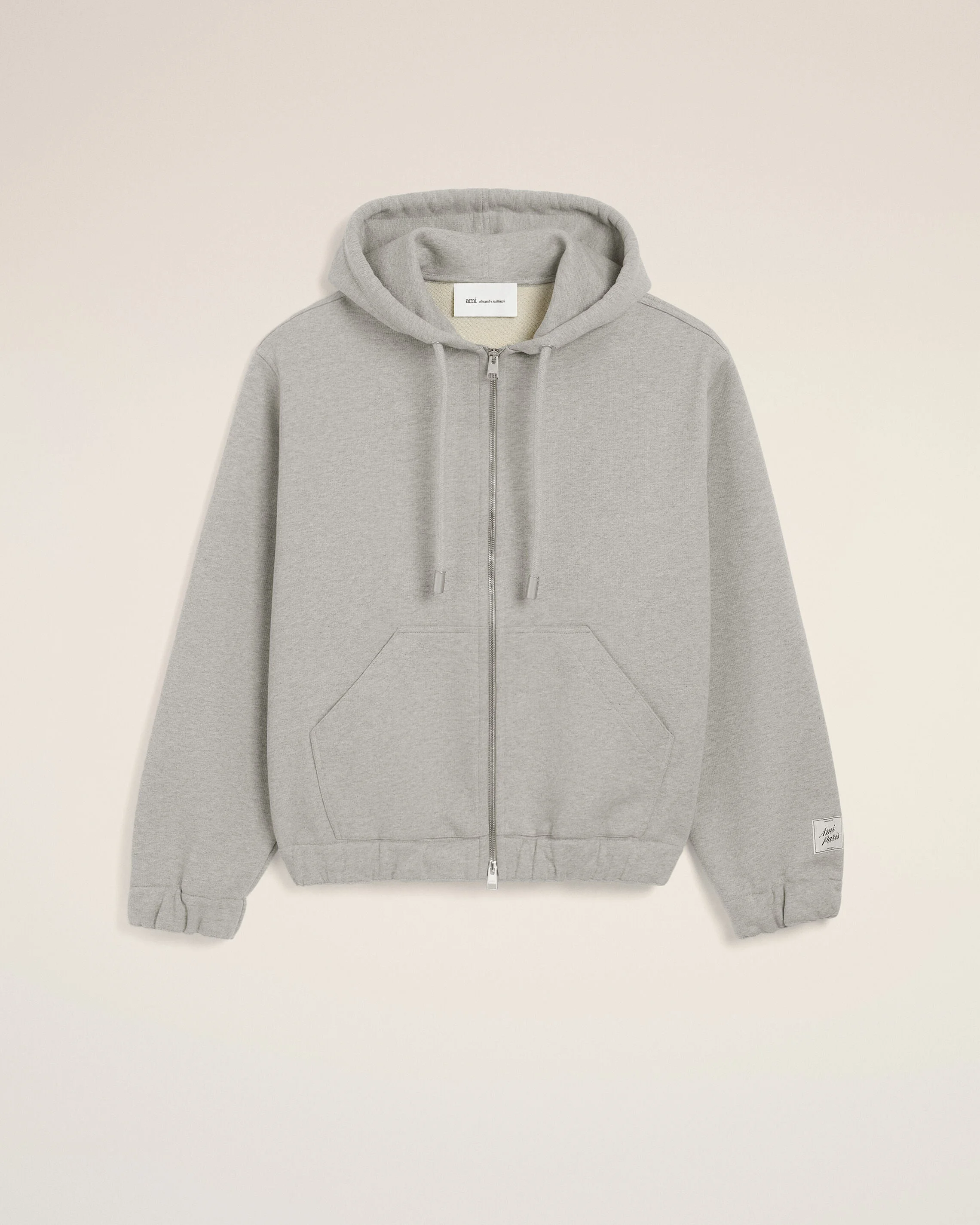 GREY ZIPPED COTTON HOODIE WITH HERITAGE AMI PARIS LABEL - 1