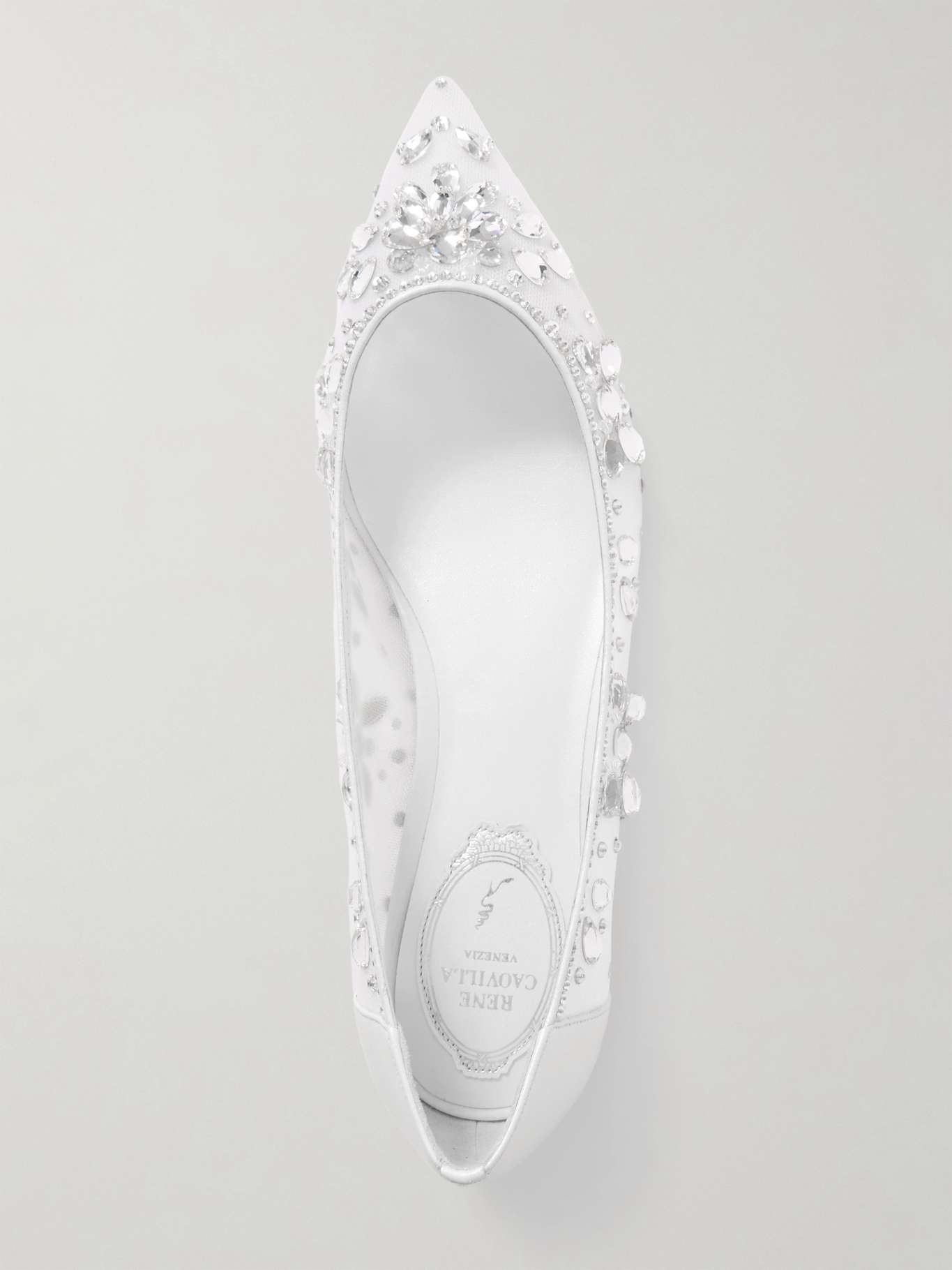 Leather-trimmed crystal-embellished tulle point-toe flats White - 5