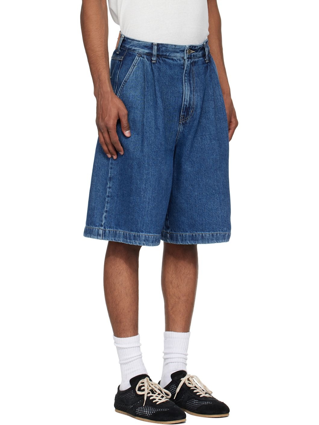 Blue Pleated Denim Shorts - 2