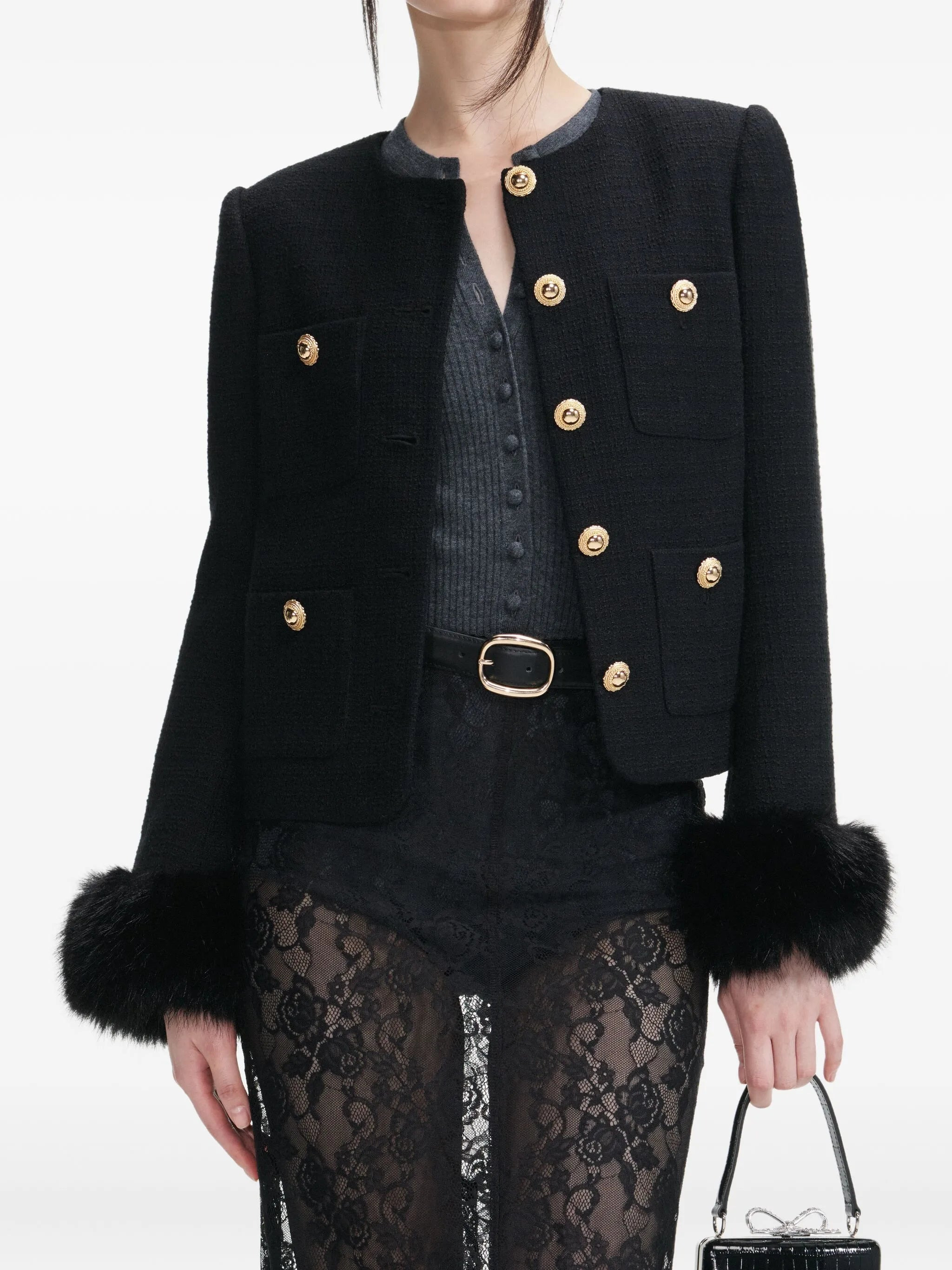 Self-portrait Faux Fur-cuff Buttoned Jacket - 5