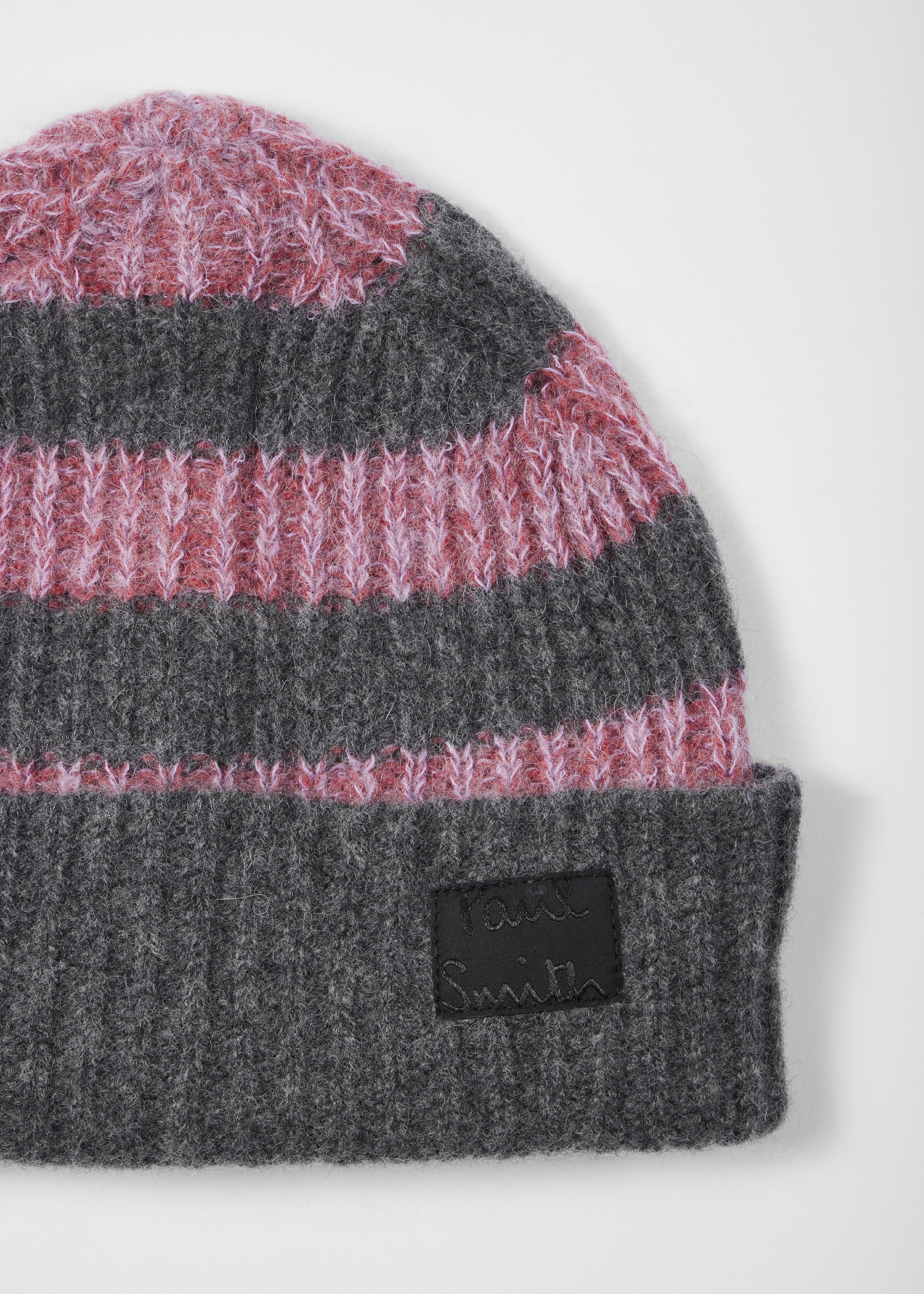Women's Pink and Grey Lambswool-Blend Block Stripe Beanie - 2