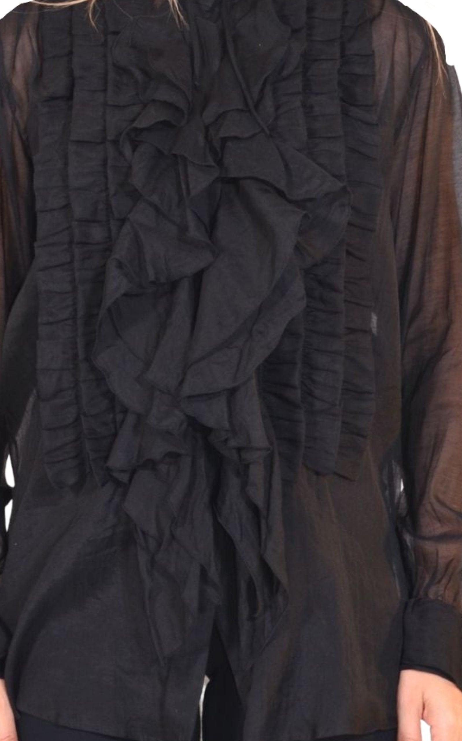 Black Ruffle Cotton Silk Blend Shirt - 5