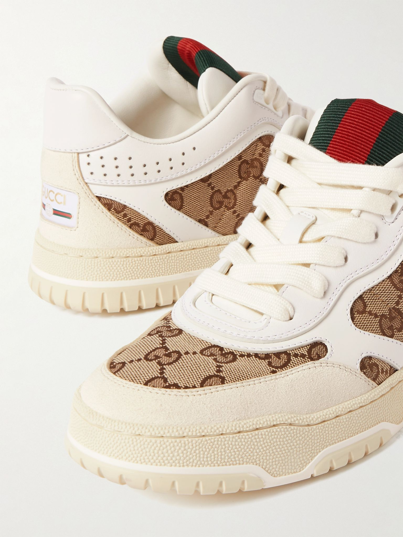 Re-Web leather and canvas-jacquard sneakers Ivory - 4