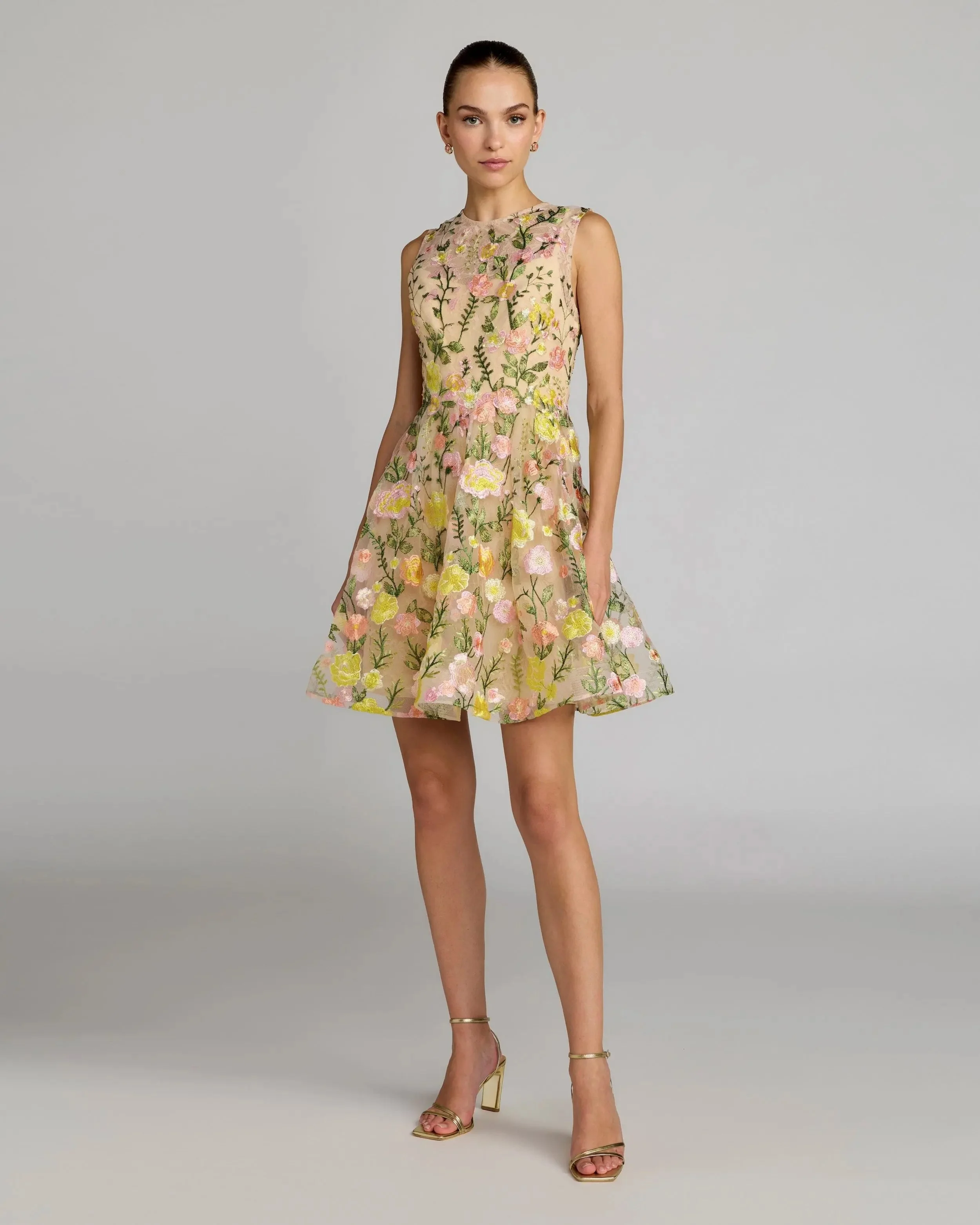 Yellow Floral Embroidered Sleeveless A-Line Mini Dress - 1