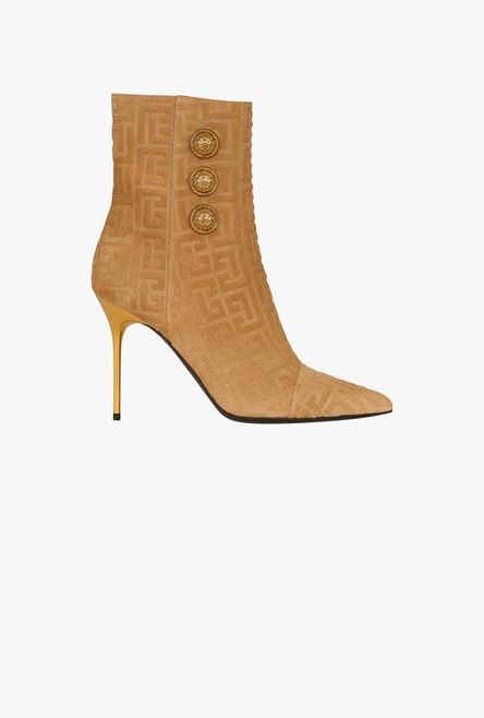 Sand-colored debossed suede Roni ankle boots with Balmain monogram - 1