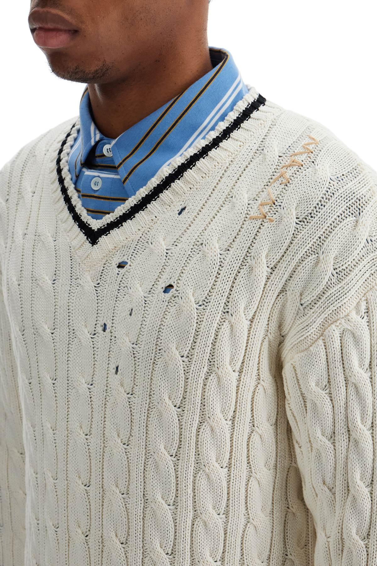 Marni white cotton sweater with cable knit v-neck - 4