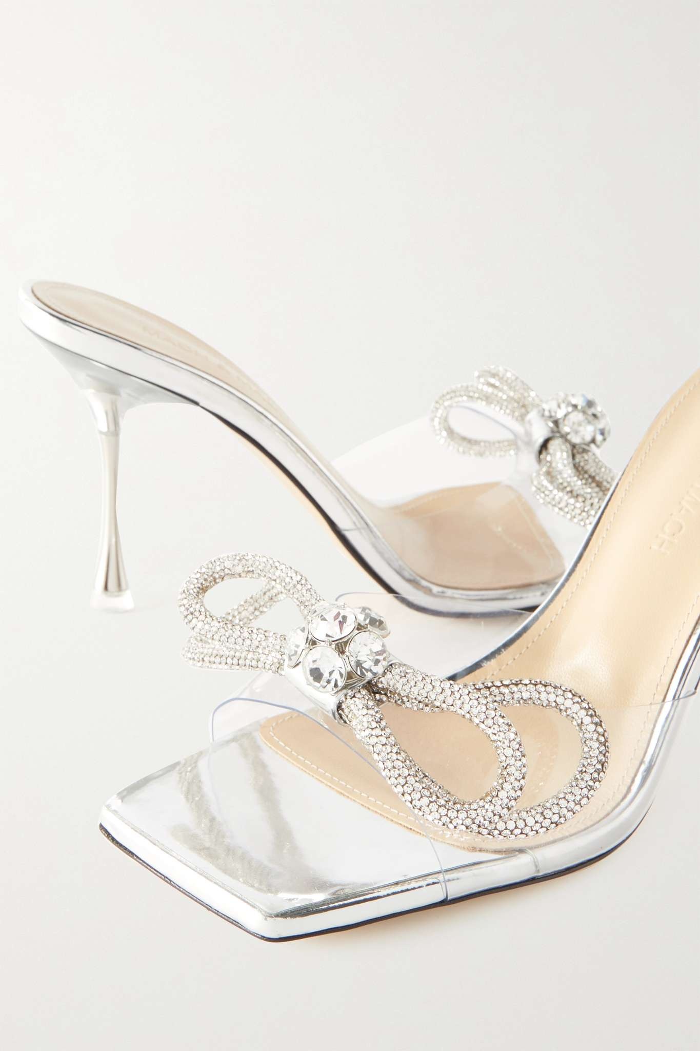 Double Bow crystal-embellished leather and iridescent PVC mules - 4