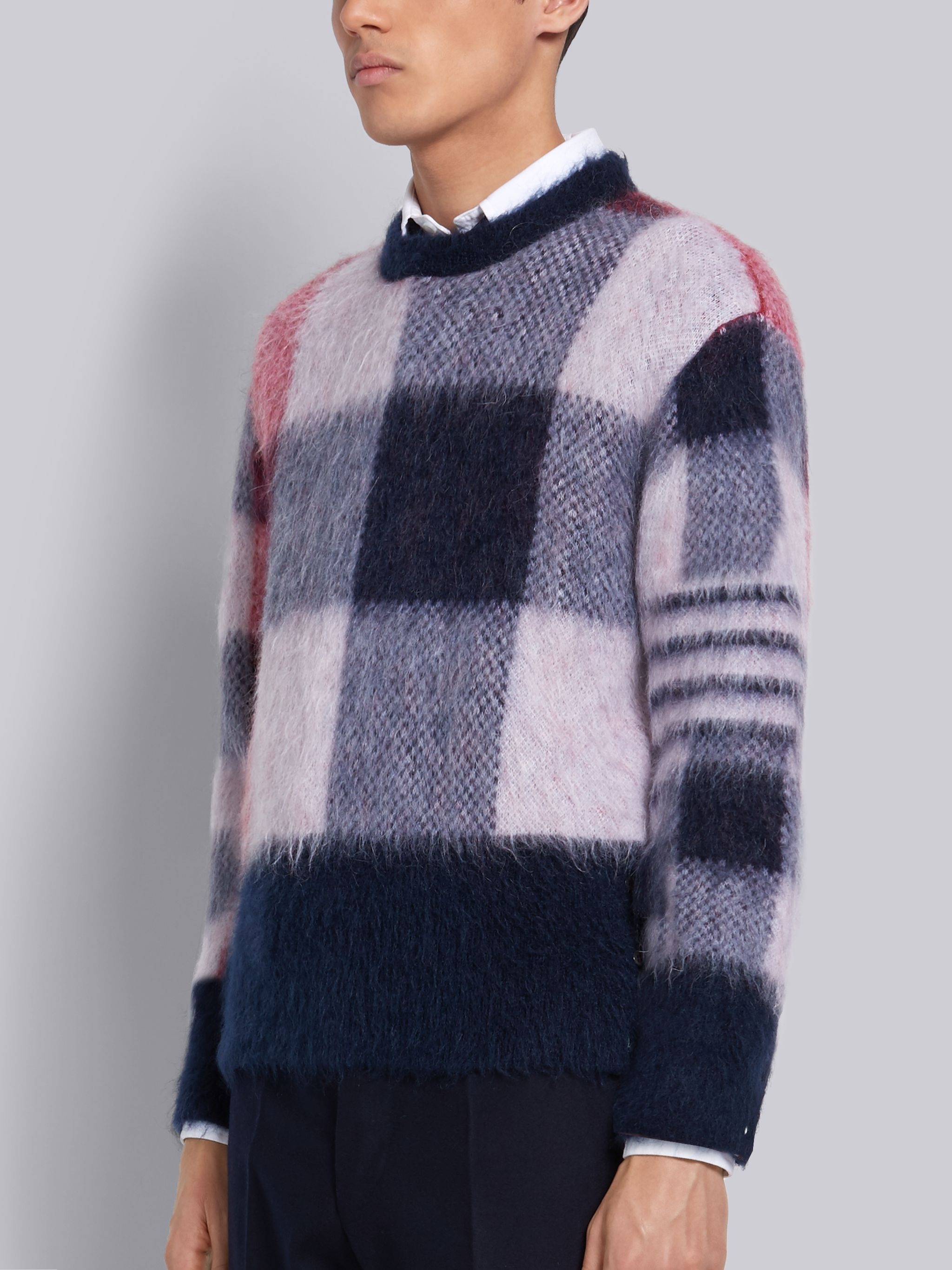 Tricolor Buffalo Check Funmix Super Kid Mohair Crew Neck 4-Bar Pullover - 2