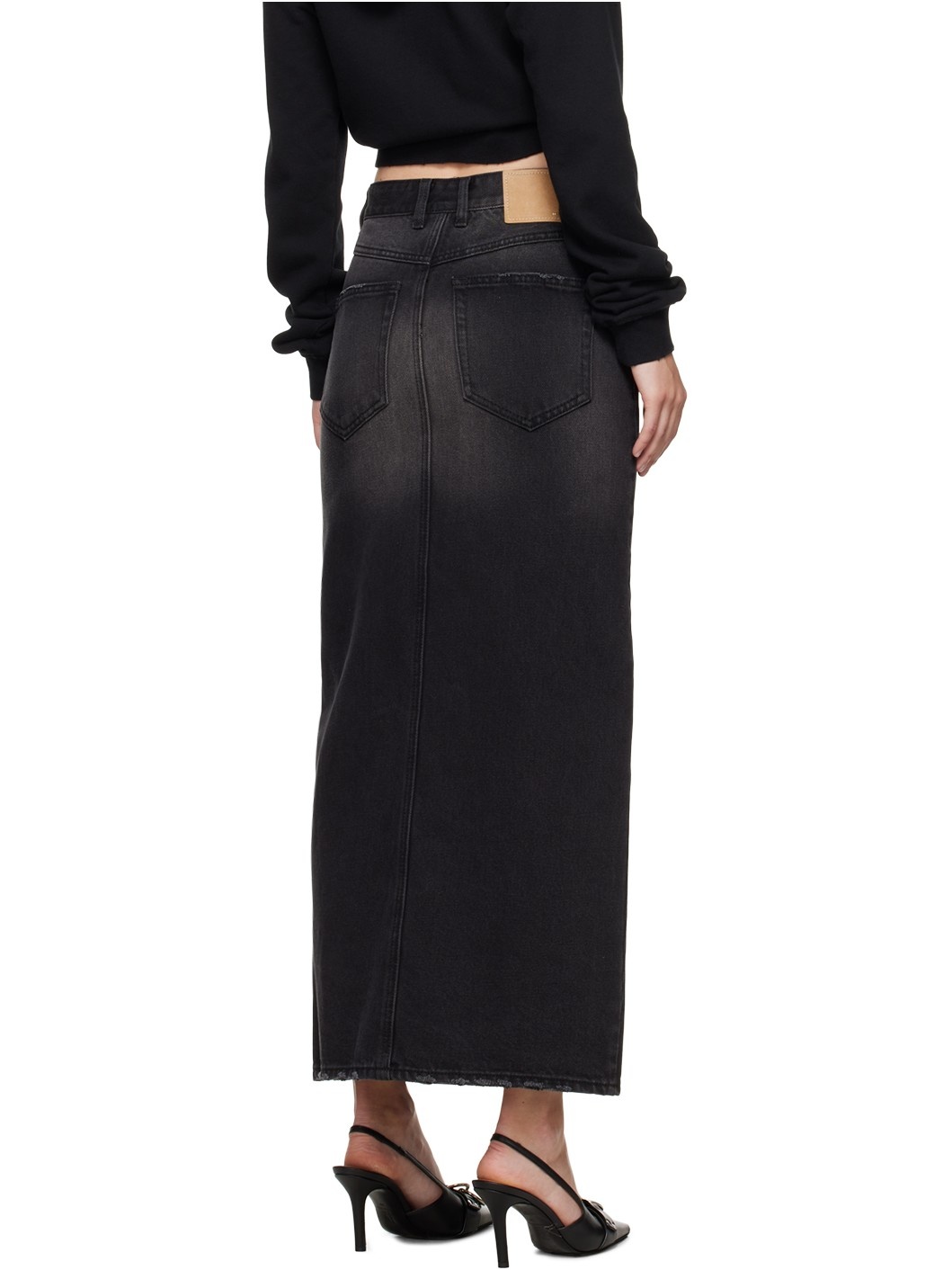Black Washed Denim Maxi Skirt - 3