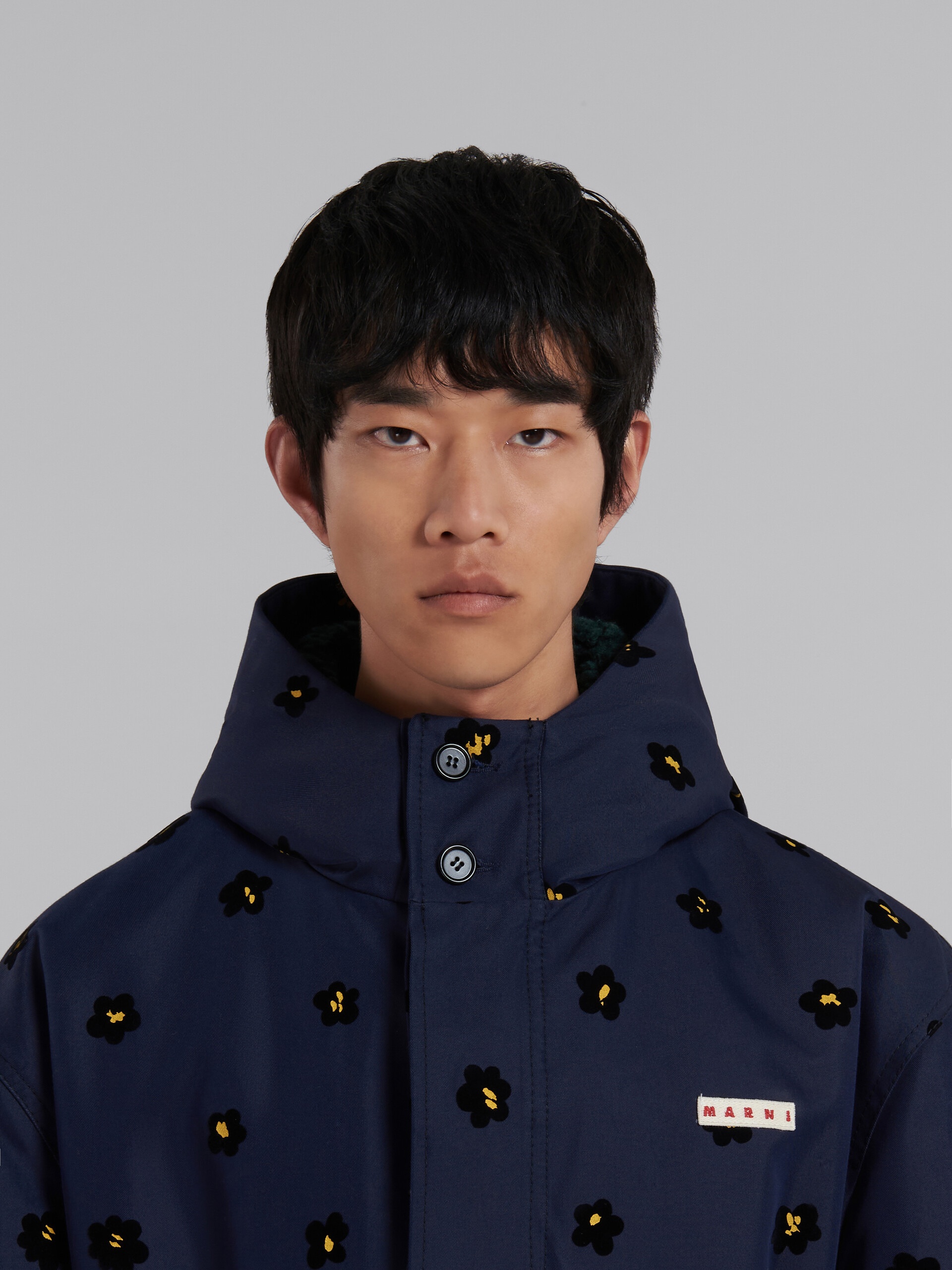 Marni BLUE GABARDINE PARKA WITH FLOCKED DRAFT FLOWER PRINT