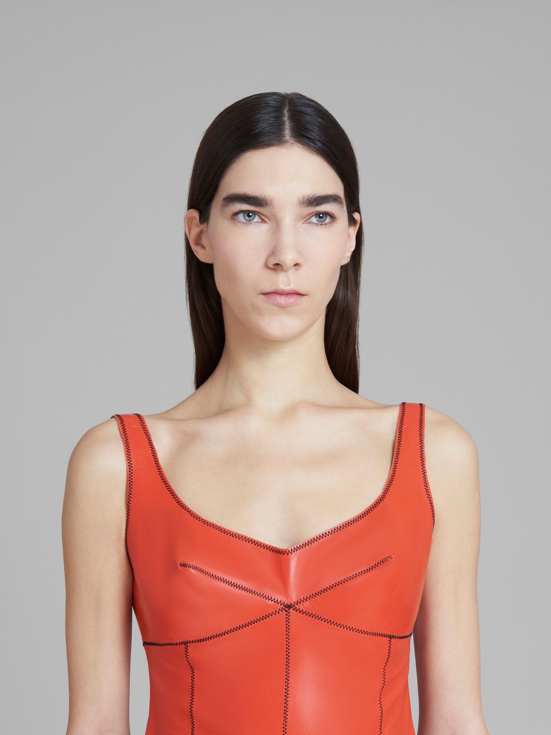 RED LEATHER MAXI DRESS WITH SPLIT - 4