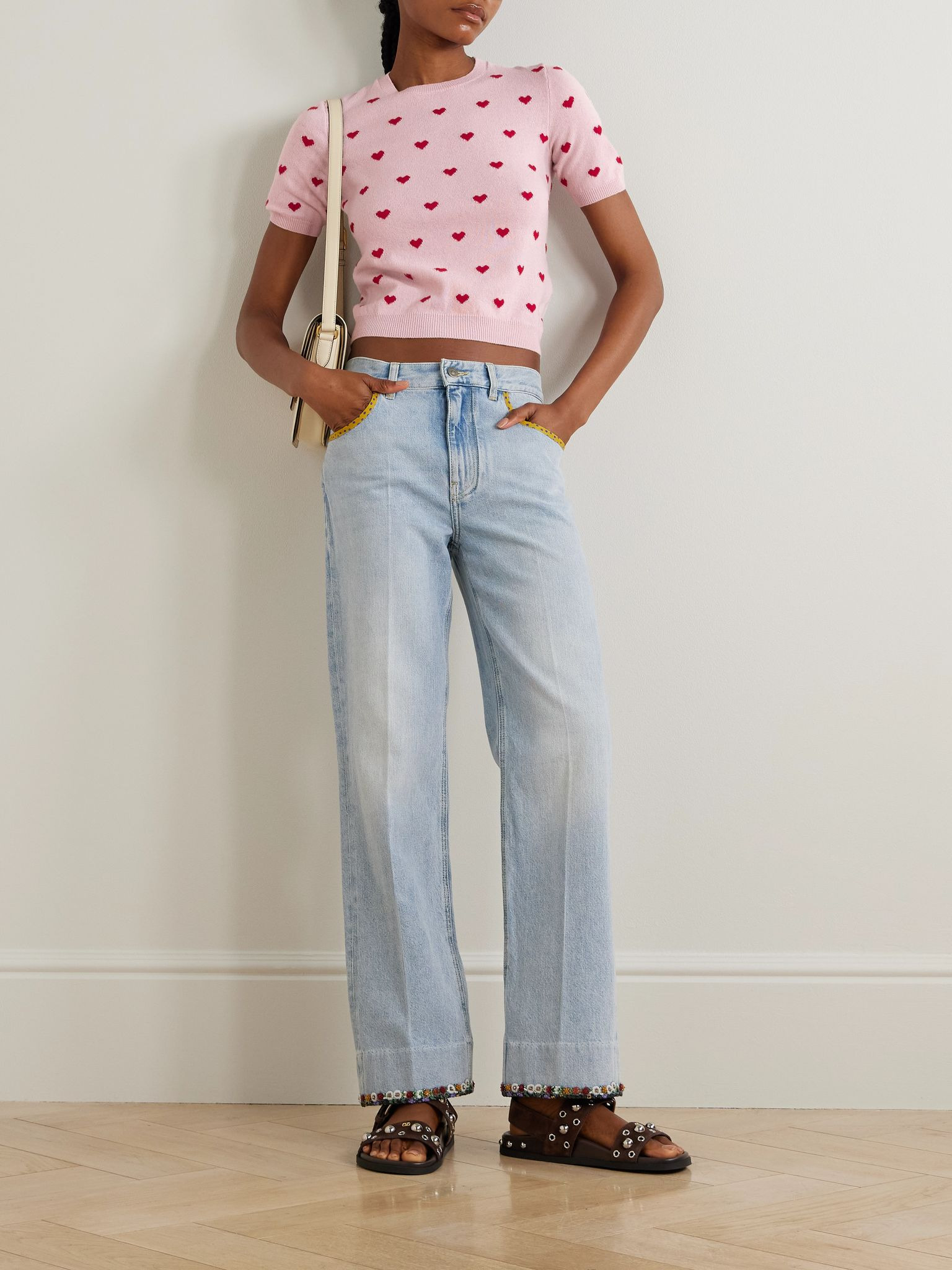 Embellished printed chiffon-trimmed mid-rise straight-leg jeans Light denim - 2