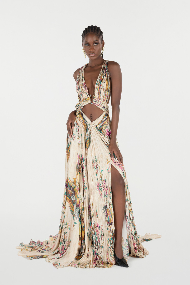 Roberto Cavalli Extra-Long Silk Dress With Flower And Pheasant Print outlook