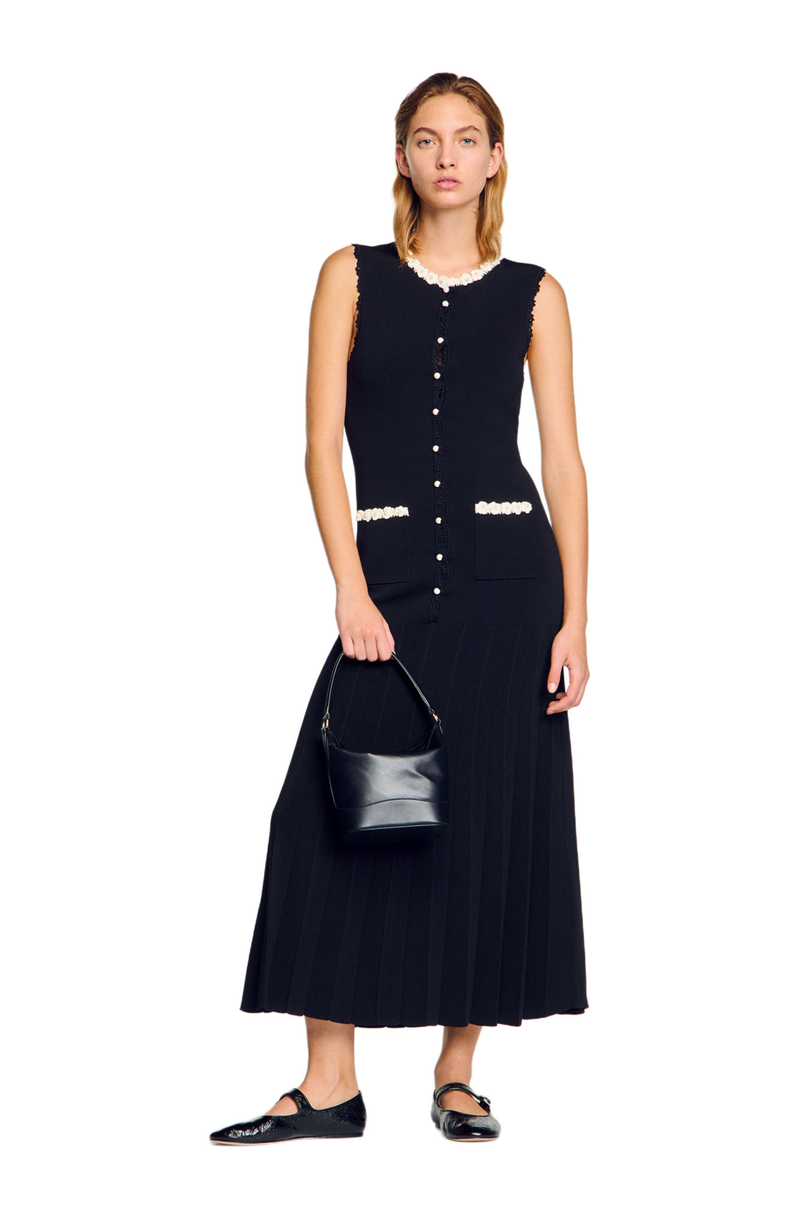 SANDRO Long dress with crochet detailing in Black at Nordstrom - 6