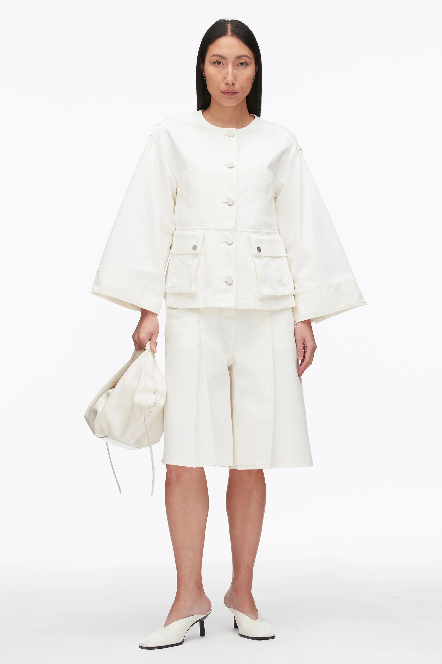 Collarless Trapeze Denim Jacket - 1