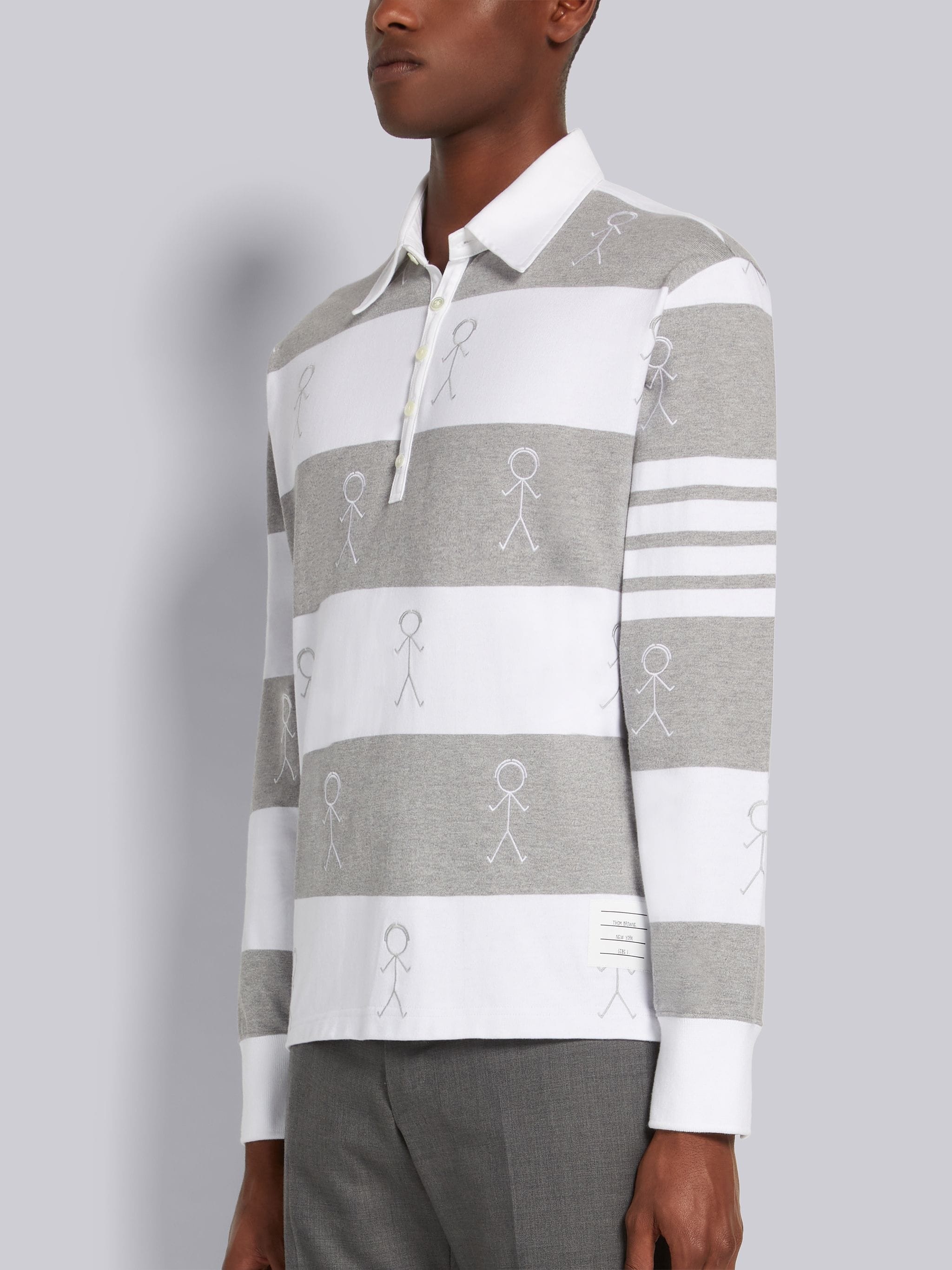 Pastel Grey Rugby Stripe Cotton 4-Bar Mr. Thom Embroidered Oversized Long Sleeve Polo - 2