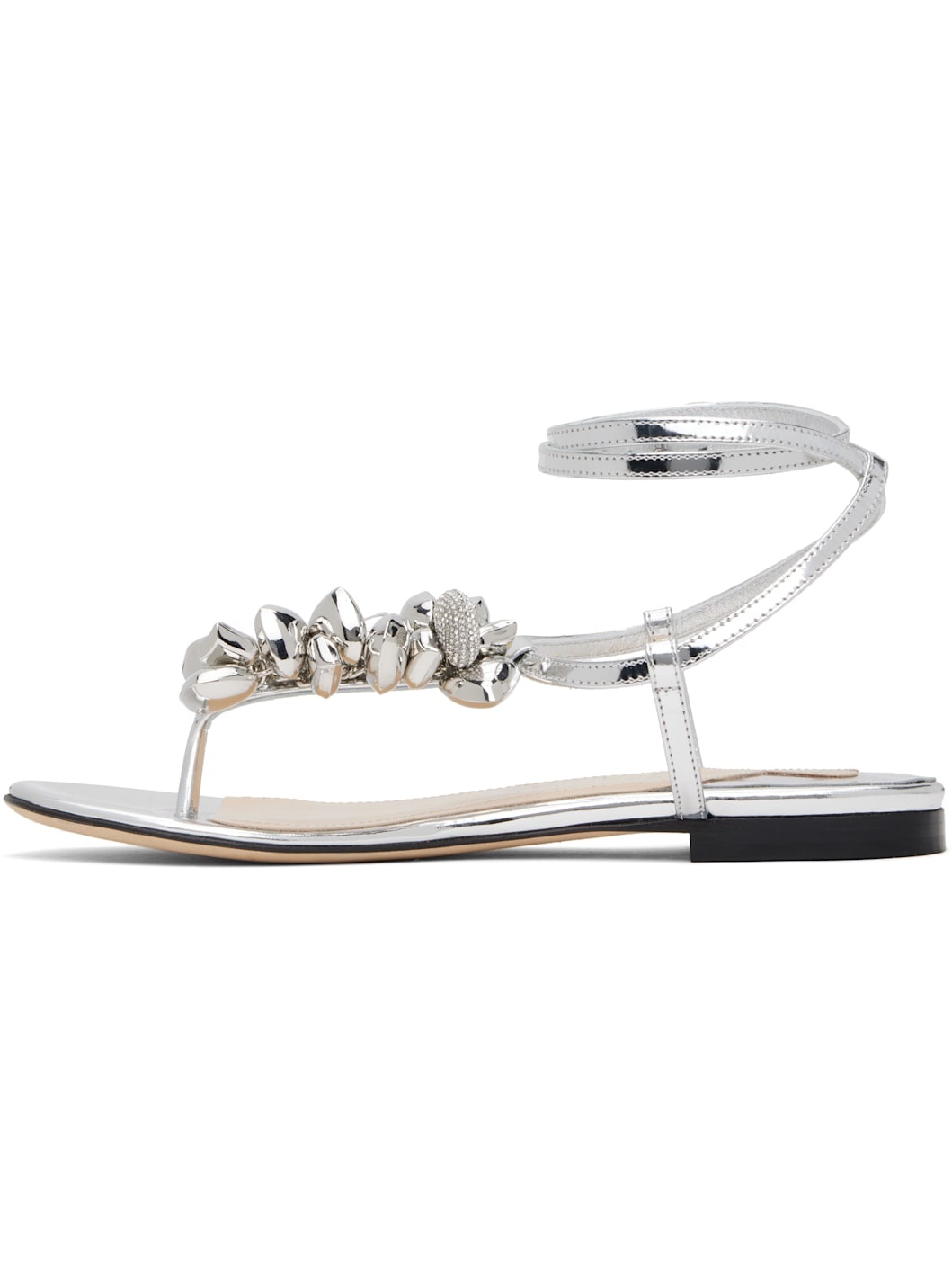 Silver Puffy Heart Mirror Leather Thong Sandals - 3