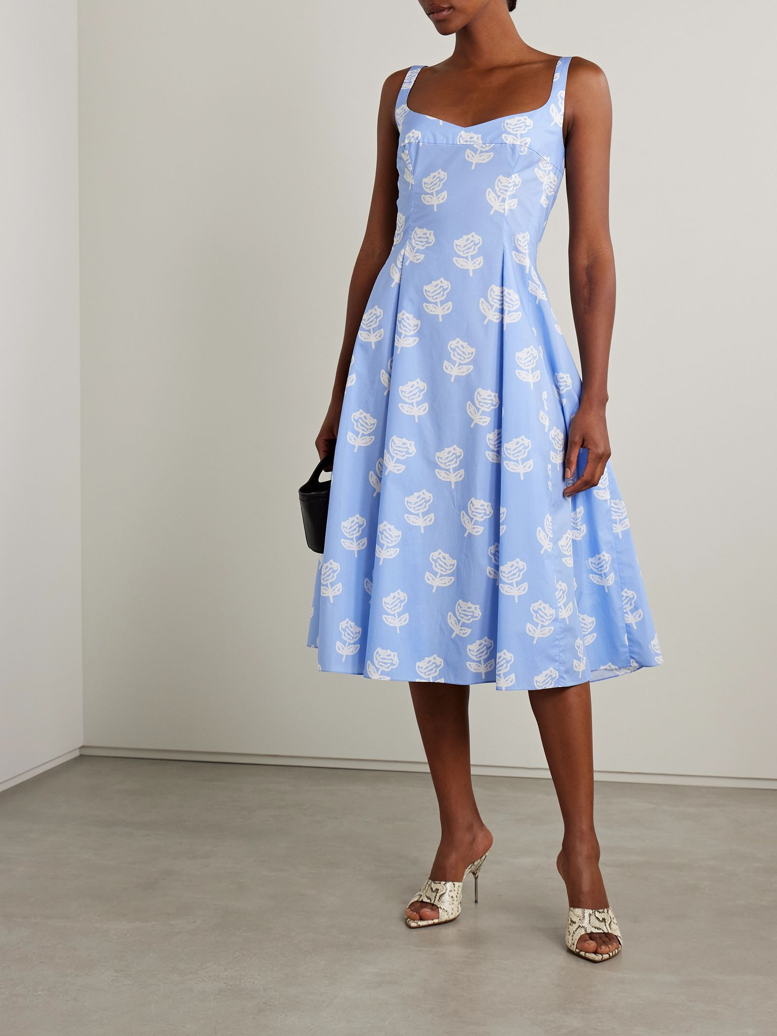 Pleated floral-print cotton-poplin midi dress Blue - 2