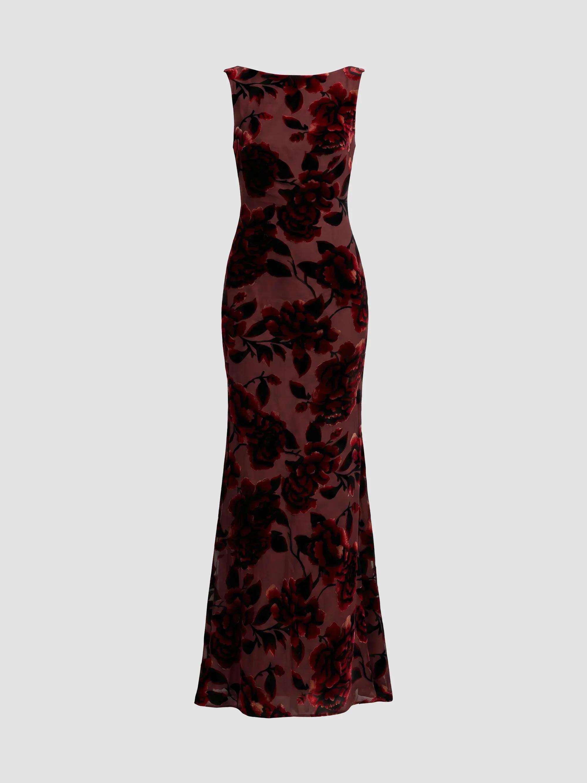Women's Floral Velvet Burnout Cowlback Gown - Burgundy Multi - 1