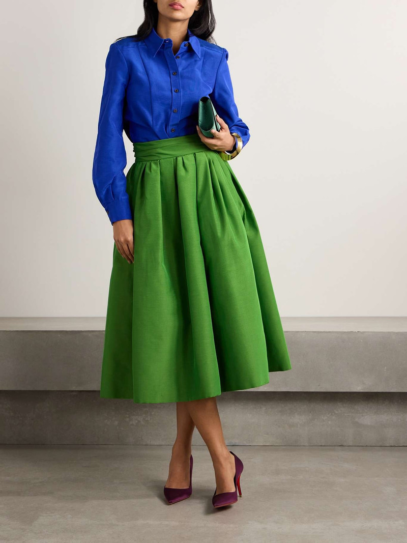CAROLINA HERRERA Pleated cotton-blend faille midi skirt Leaf green outlook