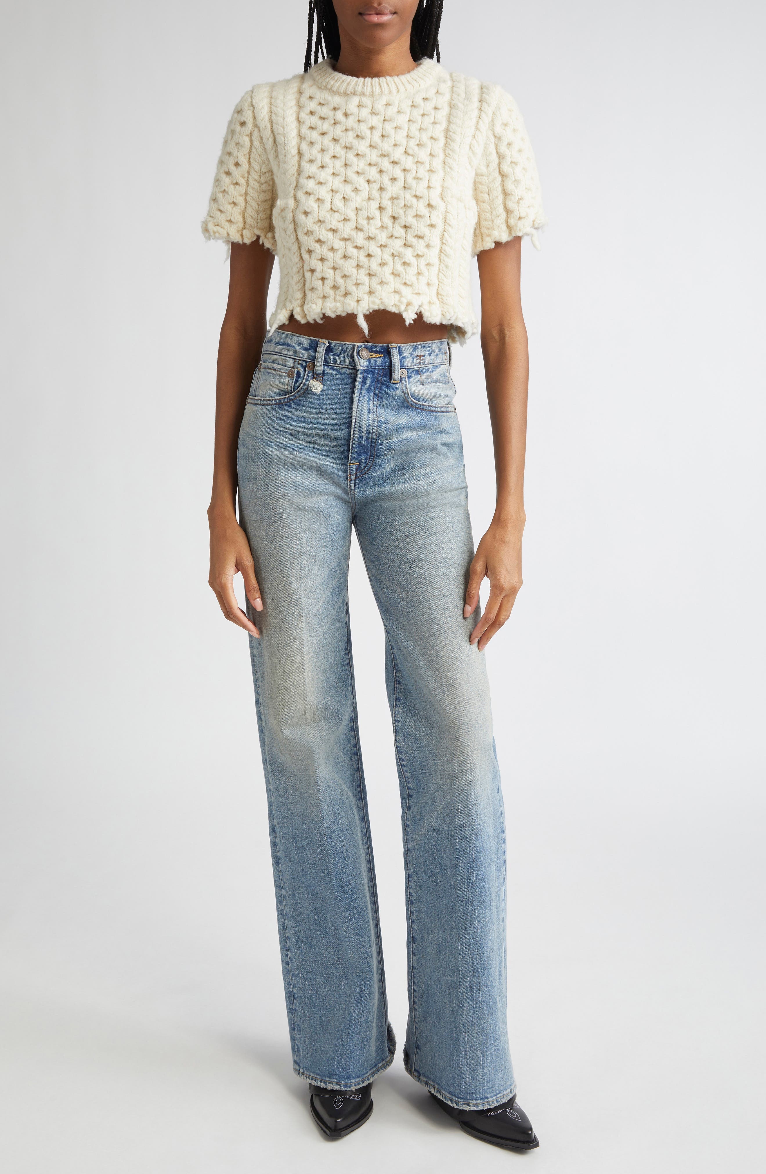 R13 Cutoff Shrunken Fisherman Stitch Wool Sweater in Cream at Nordstrom - 7